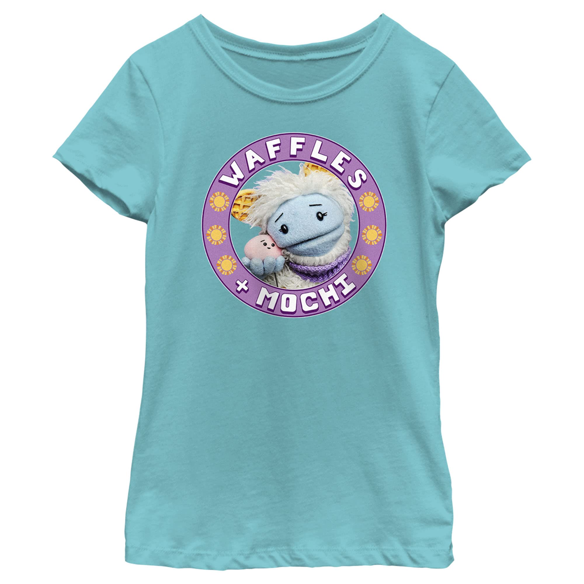 Fifth Sun Waffles Mochi Circle Lockup Girls Short Sleeve Graphic Tee Shirt - Cute Kawaii Anime Style Cotton T-Shirt for Girls, Perfect for Casual Wear, School, and Anime Conventions