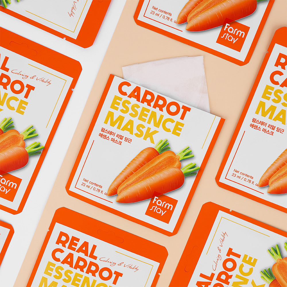 Farmstay Real Carrot Essence Mask - 10 Sheet Pack - Hydrating & Brightening Facial Sheet Mask for Glowing Skin - Perfect for Daily Skincare Routine & Spa Night