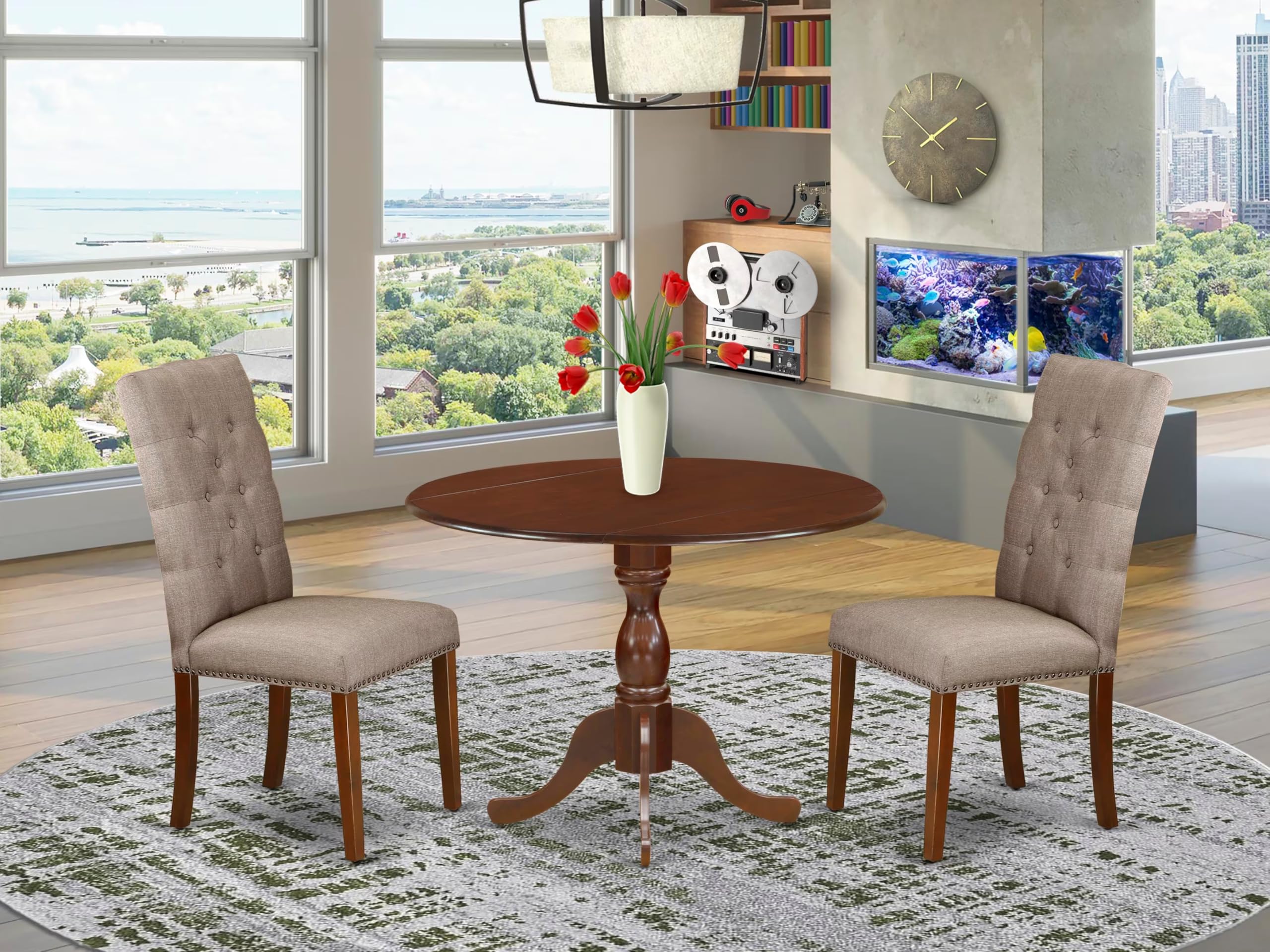 East West Furniture DMEL3-MAH-16 3-Piece Round Kitchen Dining Table Set with Drop Leaf & 2 Dark Khaki Linen Upholstered Chairs, 42x42 Inch, Mahogany - Perfect for Small Spaces, Breakfast Nooks & Cozy Apartments