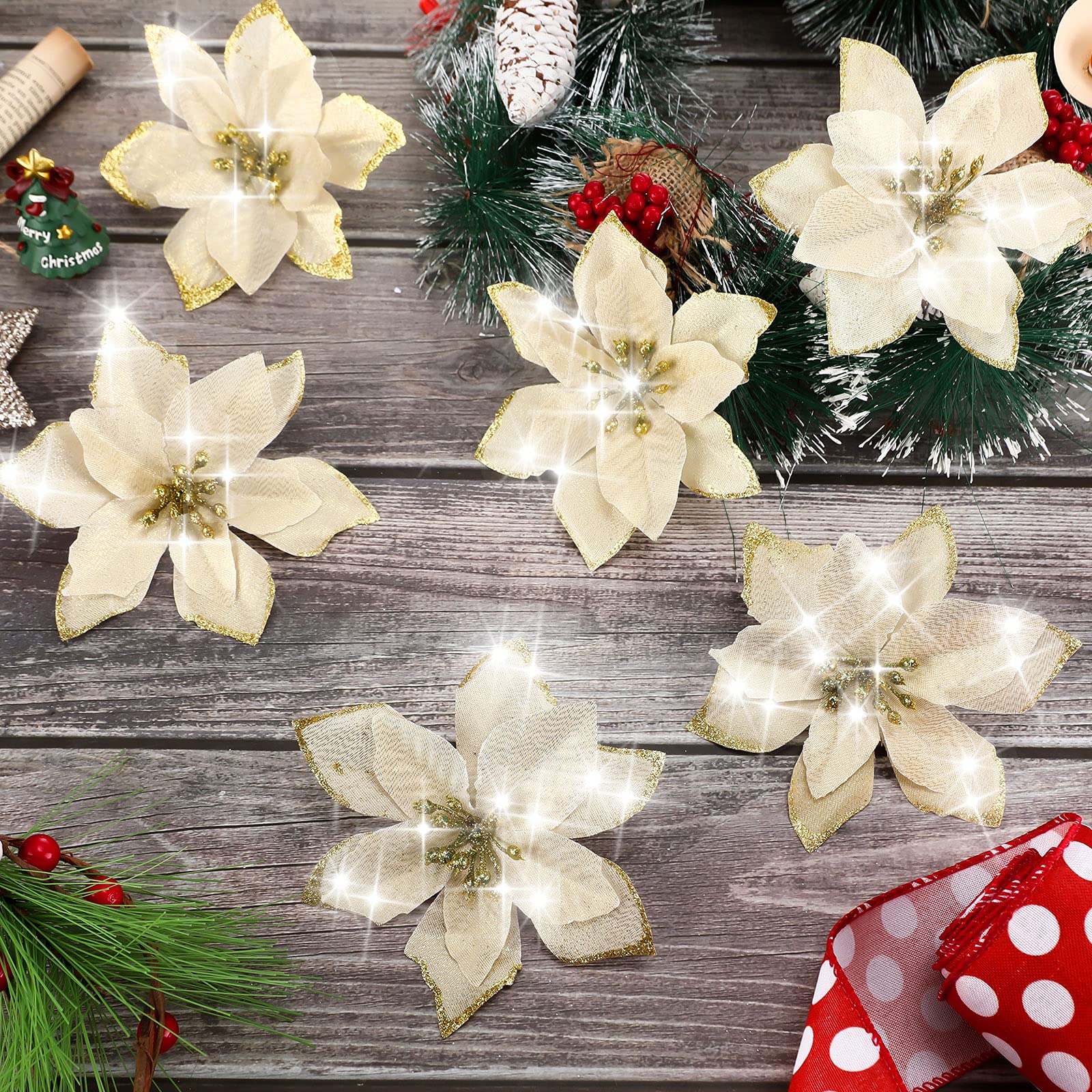 Gold Glitter Christmas Tree Ornaments - 40 Pack Artificial Poinsettia Flowers for Holiday Decor, Wedding Centerpieces & Wreath Decorations | Perfect for Xmas Tree, Mantel & Festive Home Decor