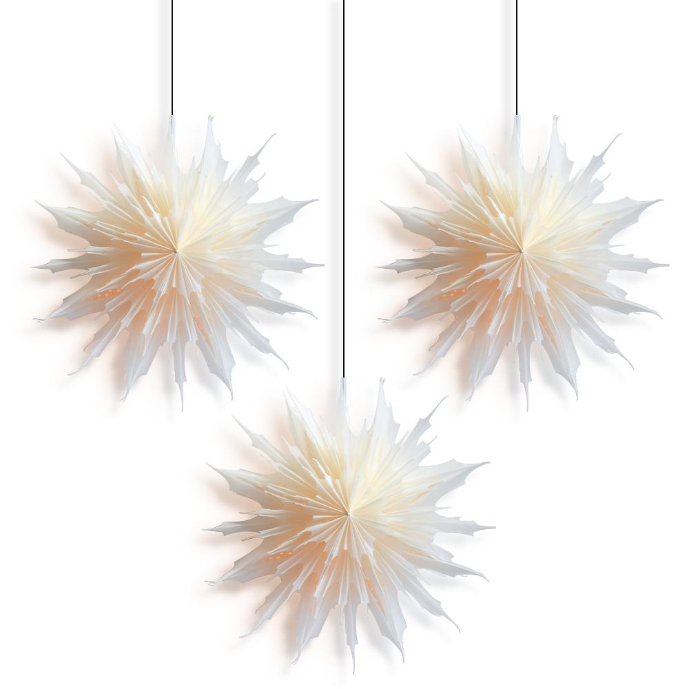 3 Pack Sleet Snowflake Star Lantern Pizzelle - LED String Lights with Lamp Cord Included | Winter Holiday Decor for Indoor & Outdoor Christmas, Party, Wedding, Garden Decorations