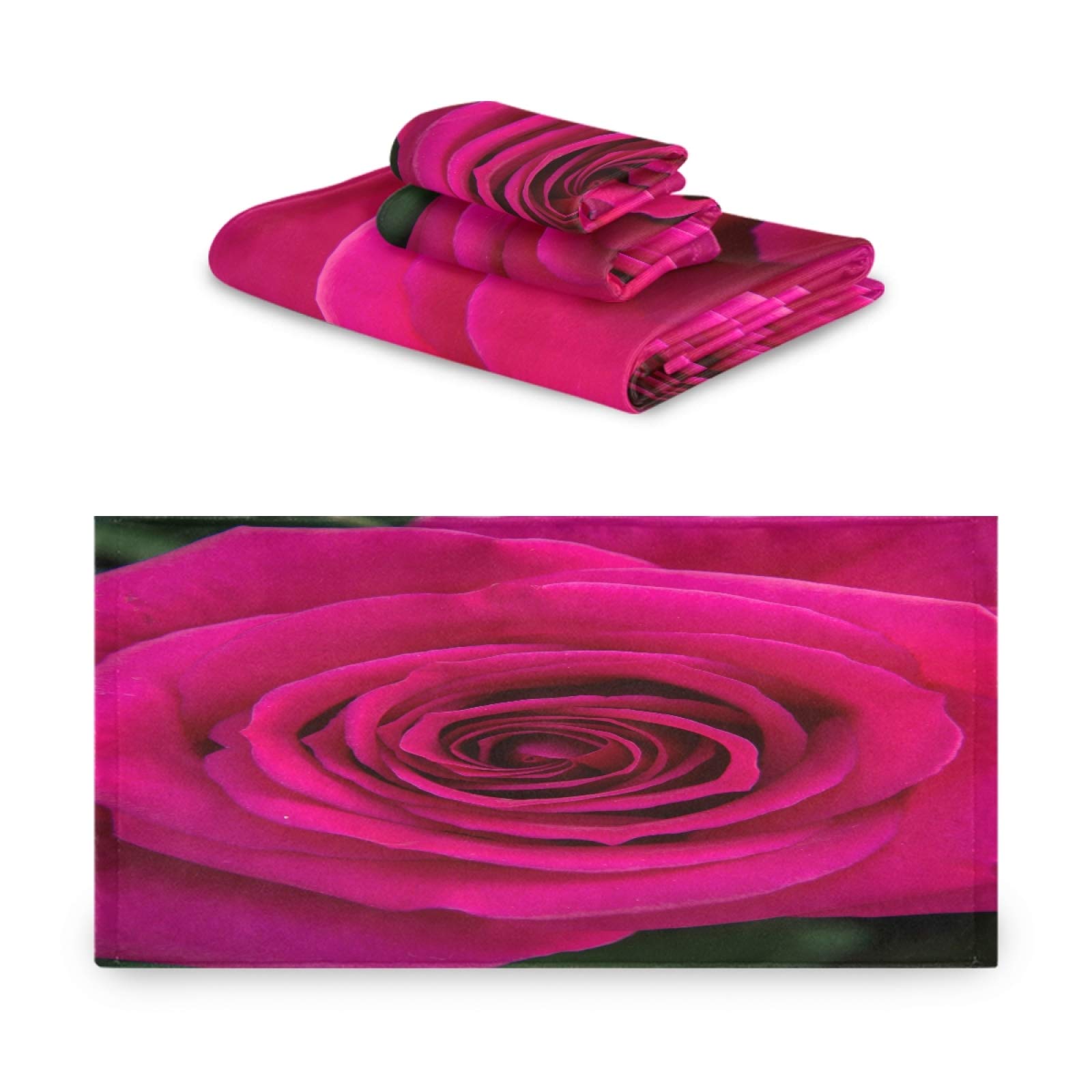 3 Piece Pink Fuchsia Rose Bath Towel Set - Ultra Soft, Heavy Weight & Highly Absorbent - Perfect for Valentine's Day Gifts, Spa Day, Bridal Shower & Luxury Bathroom Decor