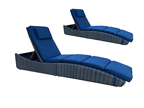 Assembled Wicker Patio Rattan Poolside Folding Space Saving Sun Lounger Blue - Two Piece