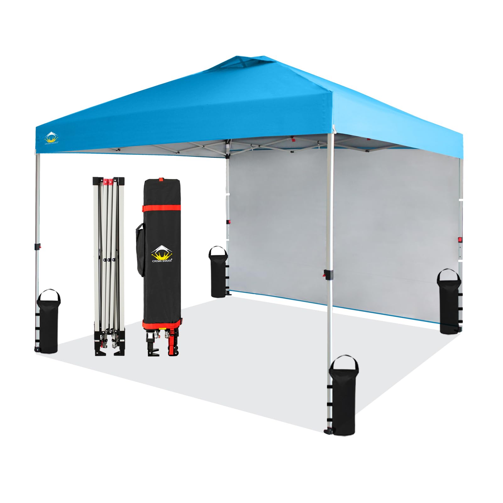 CROWN SHADES 10x10 Pop Up Canopy Tent with 1 Side Wall - Instant One Push Setup Sun Shelter for Outdoor Events, Beach Parties & Camping - Portable Gazebo with STO-N-Go Carry Bag (Sky Blue) - Perfect for Backyard BBQs, Tailgating and Picnics