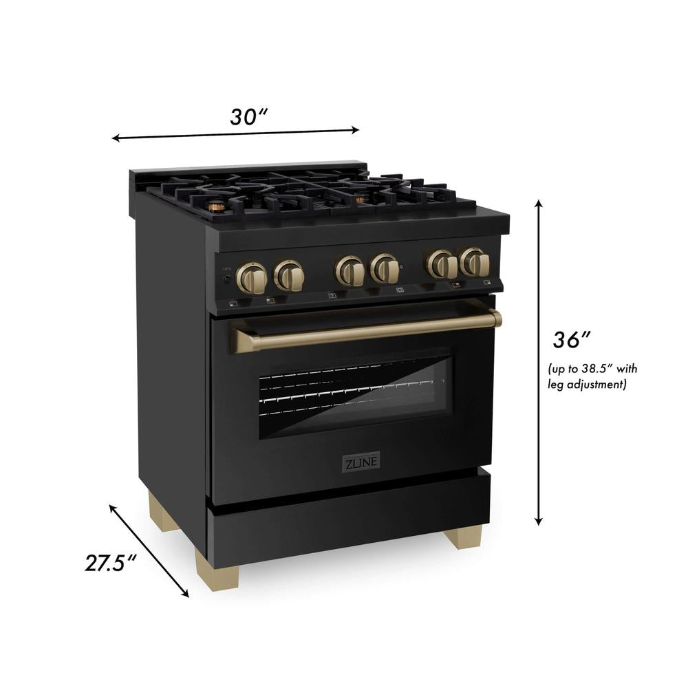 ZLINE Autograph Edition 30-inch Black Stainless Steel Dual Fuel Range with Range Hood - Champagne Bronze Accents (2AKP RABRH30 CB) | Professional Kitchen Package for Home Chefs & Modern Cooking Enthusiasts