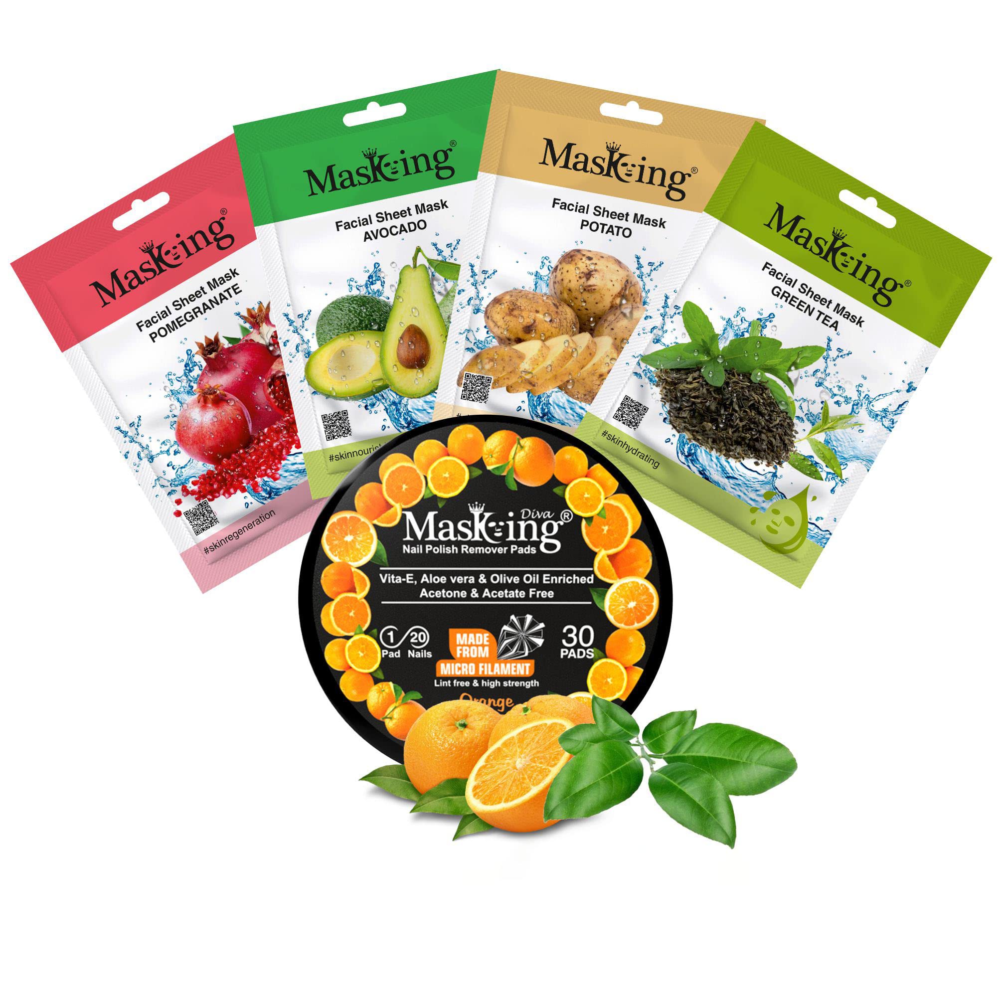 MasKing Beauty Facial Sheet Mask Combo Pack of 4 - Pomegranate, Avocado, Potato & Green Tea for Hydrating & Brightening Skin | Natural Skincare for Women & Men | Perfect for Spa Day, Self-Care Routine & Gift Giving | Includes Orange Nail Polish Remover