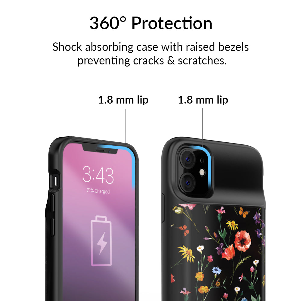 Black Wildflower iPhone Charging Case - Portable Battery Charger for iPhone 11/12/13/14/15 Pro Max - Perfect for Travel, Work & Outdoor Adventures