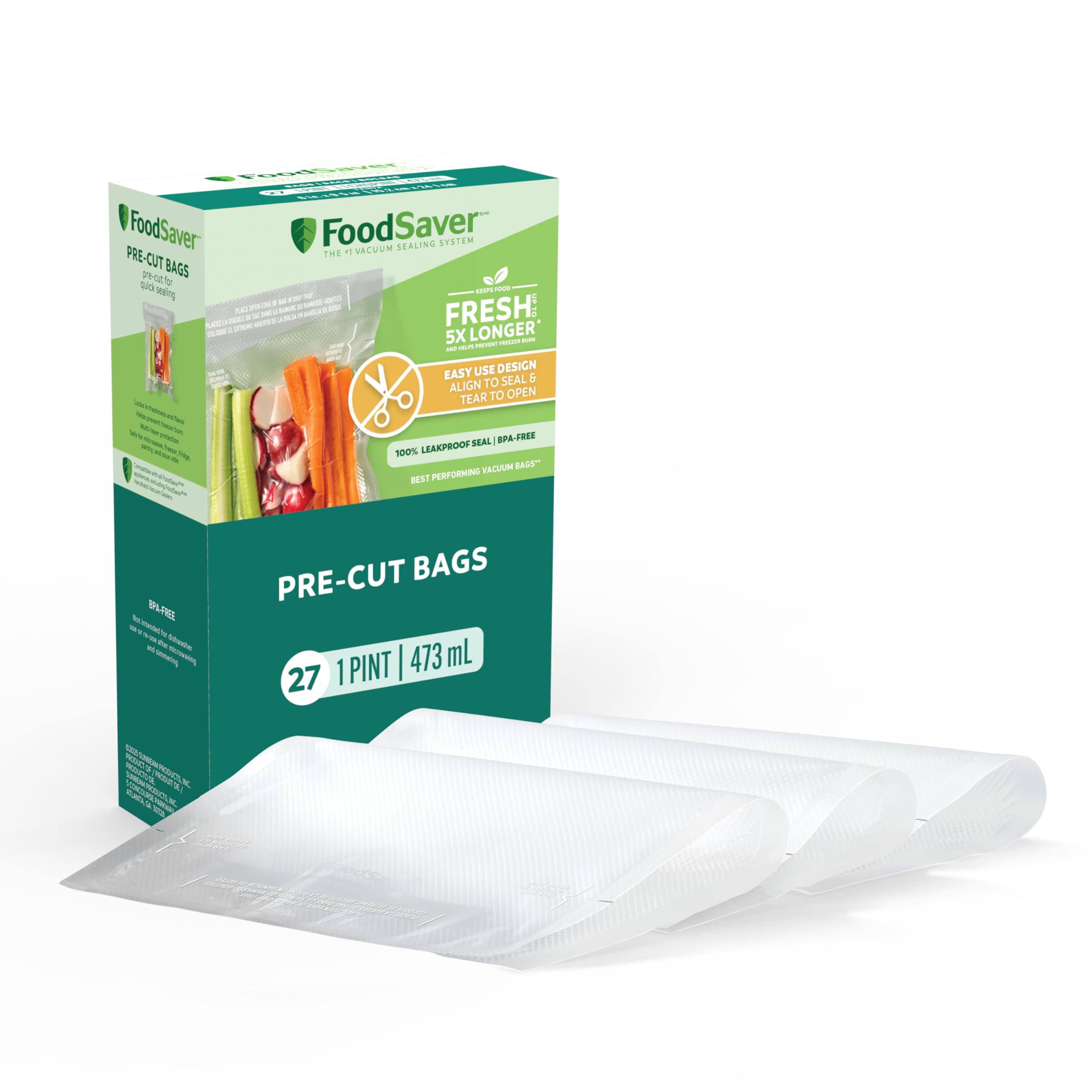 FoodSaver Pint Pre-Cut Vacuum Seal Bags - 27 Pack | Easy to Use & Tear Open Vacuum Storage Bags for Food Preservation | Perfect for Sous Vide, Freezing, and Long-Term Food Storage