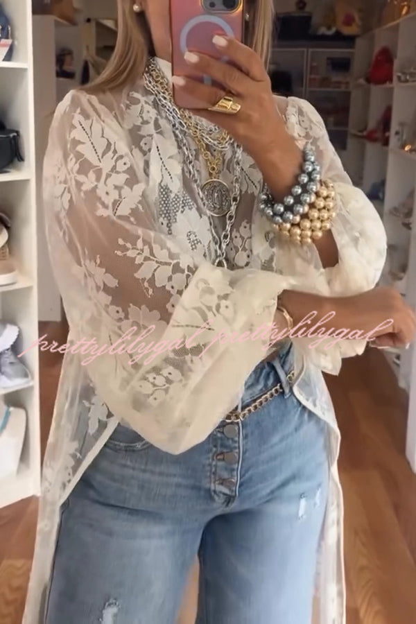 Tanya Lace Pattern Mock Neck Balloon Sleeve High-Low Maxi Top Women's Fashion Blouse | Elegant Lace Design for Parties, Weddings & Special Occasions