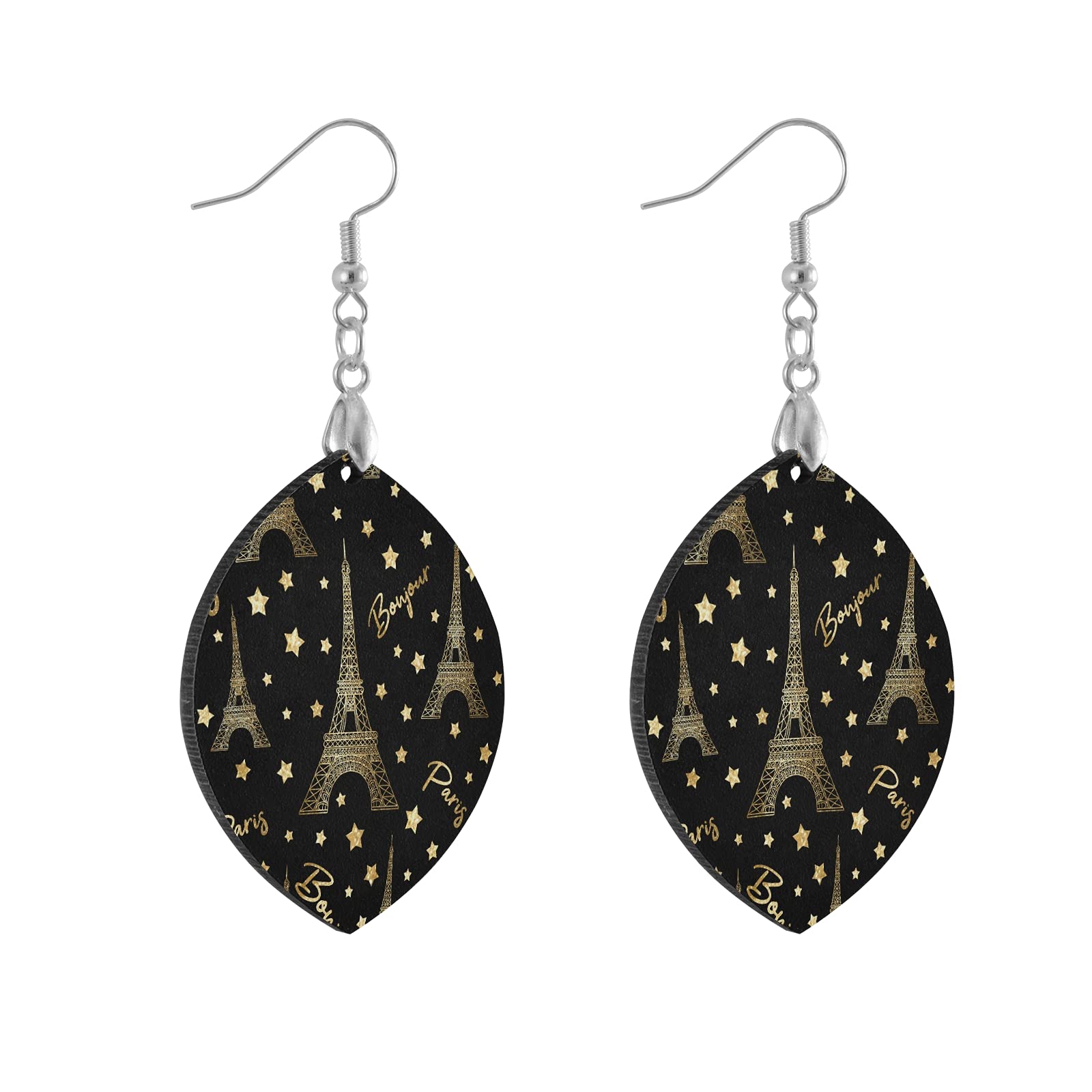 Gold Eiffel Tower Star Wood Earrings - Handmade Natural Wooden Painted Leaf Drop Earrings for Women | Bohemian Style Jewelry for Date Night & Special Occasions