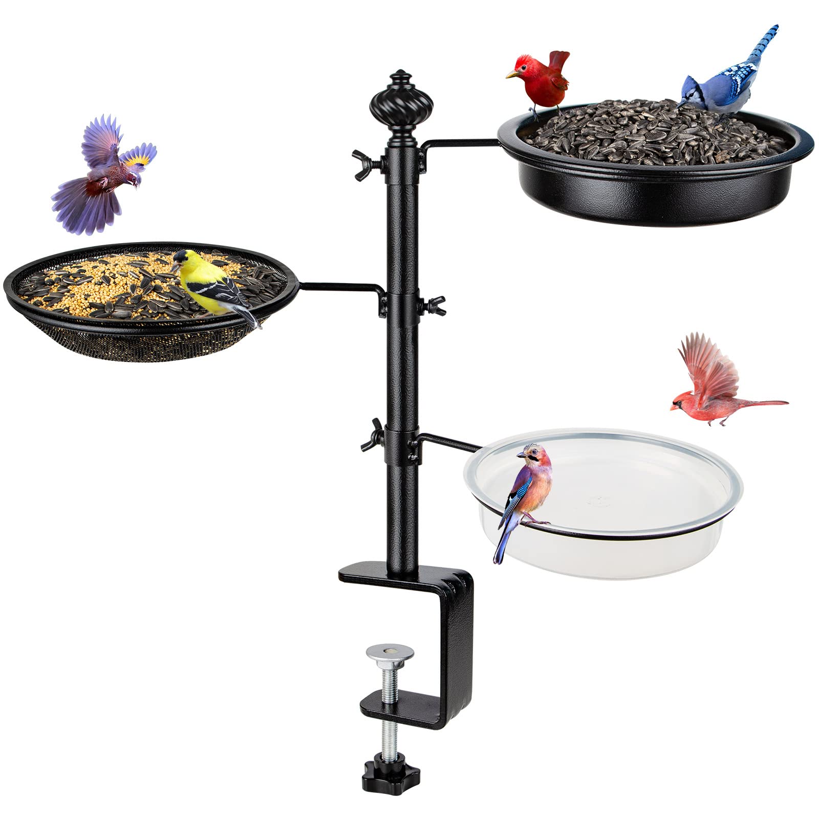 BOLITE Enhanced Black Deck Bird Feeder with 3 Trays - Hanging Balcony Bird Feeders for Outdoor Railings - Attract Cardinals, Finches & Wild Birds to Your Garden or Patio