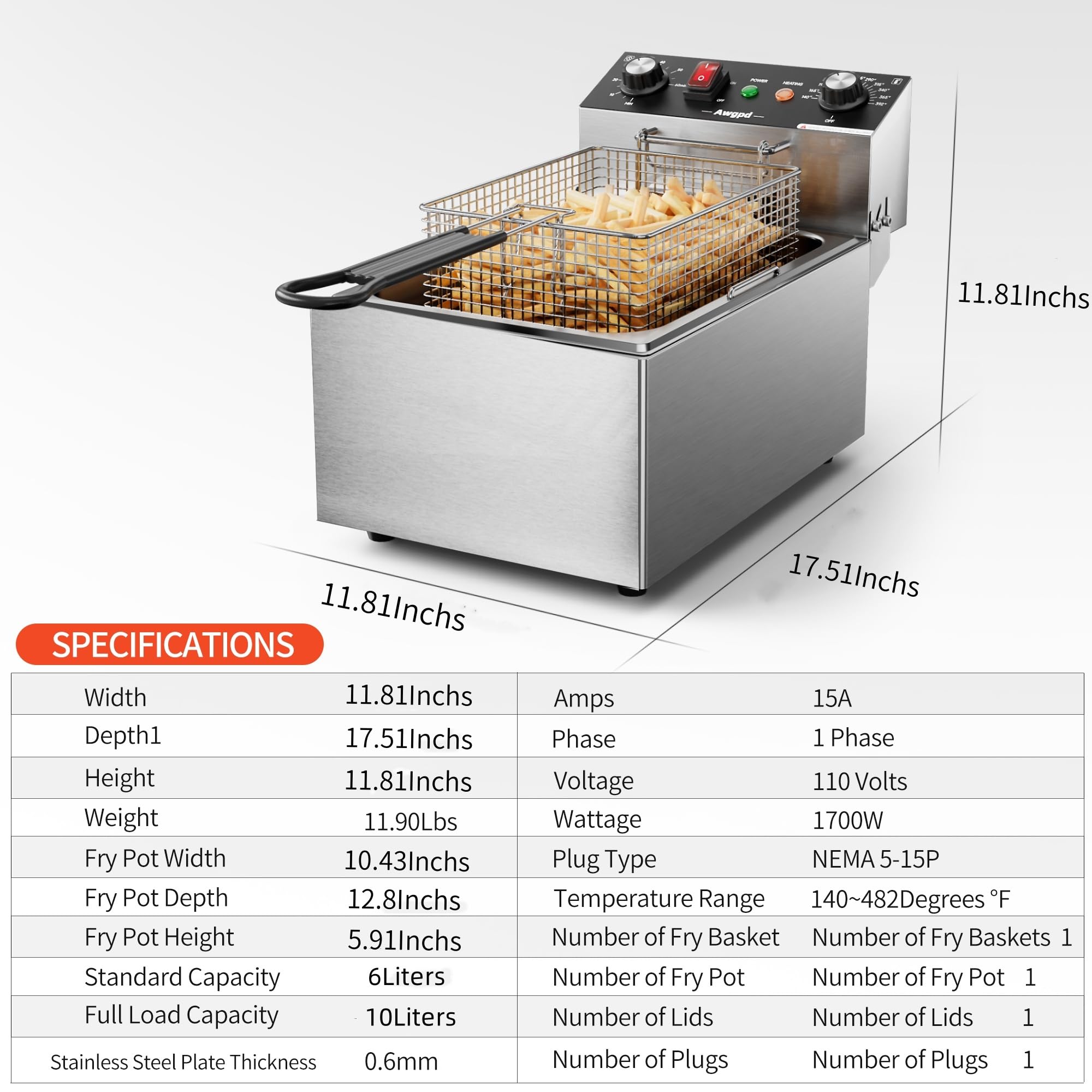 Electric Deep Fryer 10L (10.5QT) Single Tank with Basket - 1700W Countertop Fryer with 60-Min Timer for Home Kitchen & Restaurant - Perfect for Frying Chicken, French Fries, Onion Rings & More (110V)