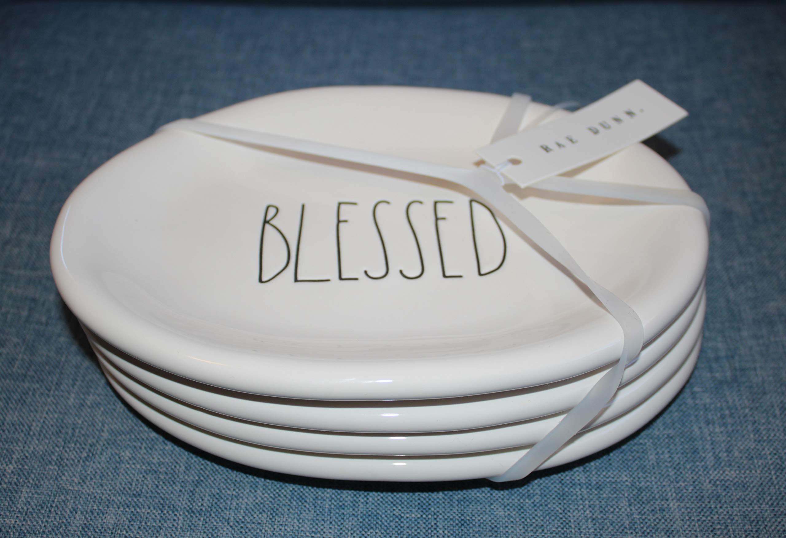 Rae Dunn BLESSED 8-Inch Oval Plate Set of 4 - Magenta Ceramic Snack, Dessert & Salad Plates for Home Dining, Party Serving & Gift Giving