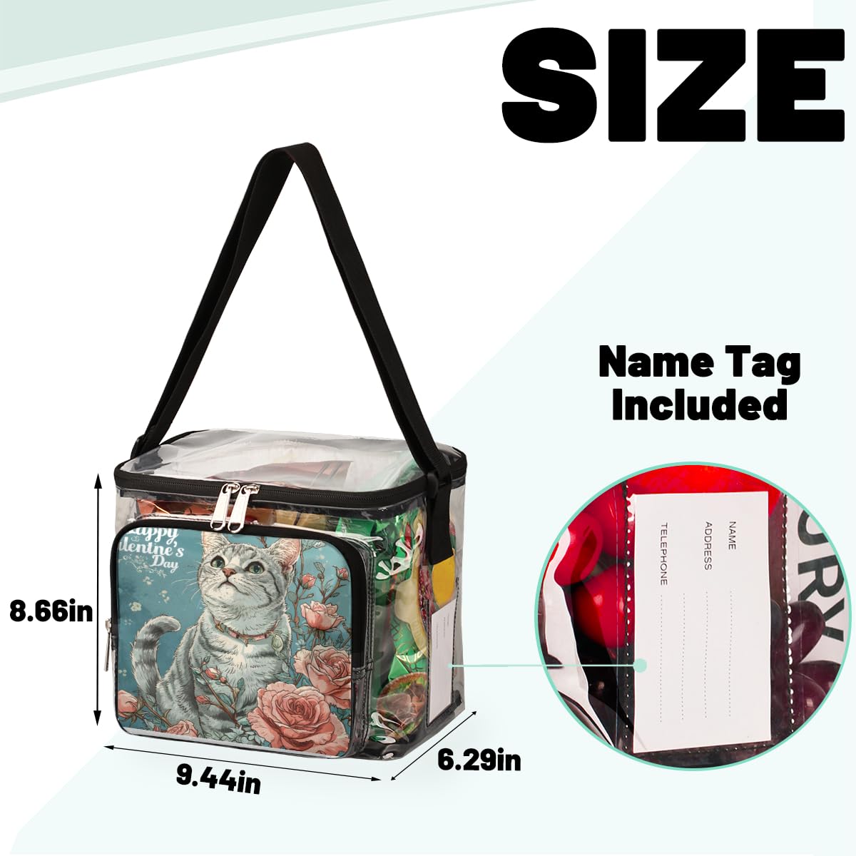 GzLeyigou Valentine's Day Clear Tote Bag with Handles - Cat Design Transparent Crossbody Shoulder Bag for Lunch, Outdoor, Travel, Picnic, Concerts & Sports Events - Stadium Approved Multipurpose Purse for Women, Girls, School, Beach & Shopping