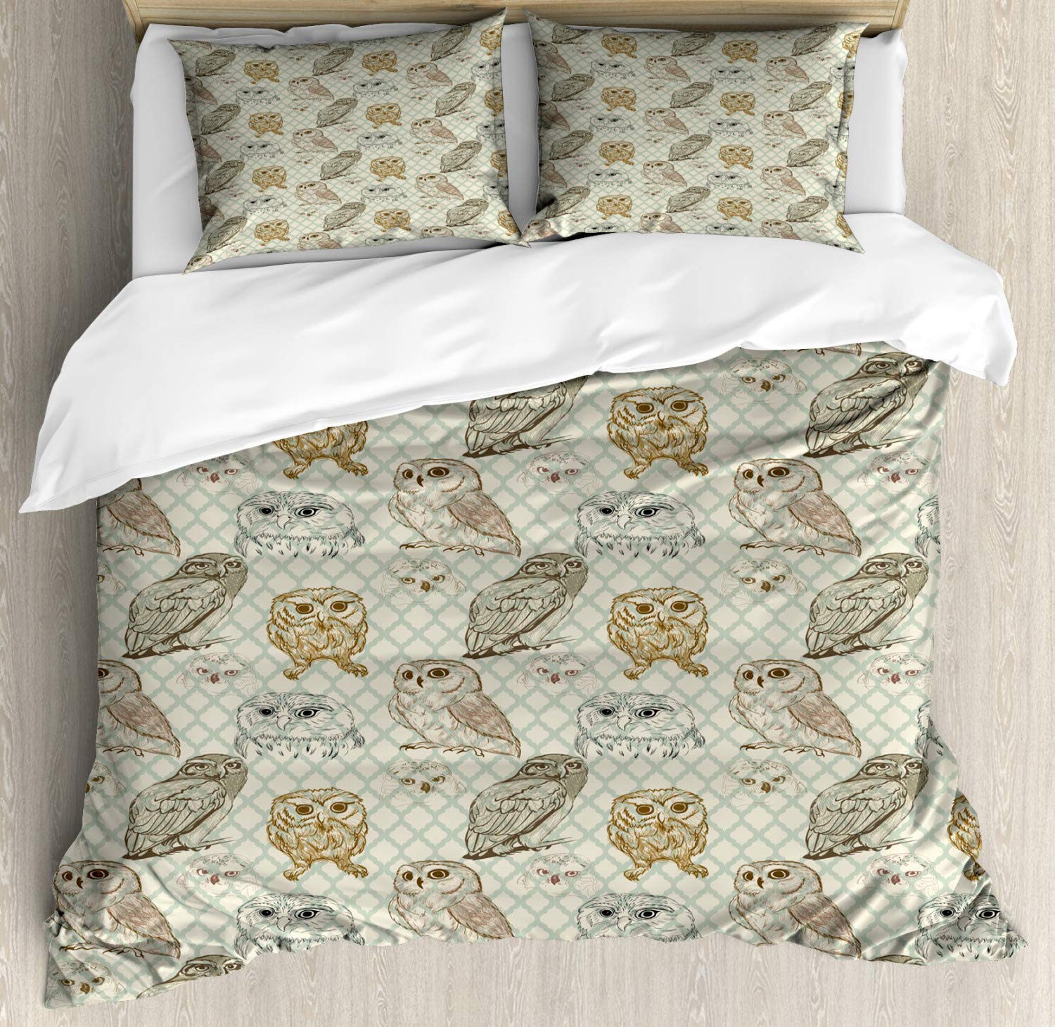 Ambesonne Owl Duvet Cover Set King Size 2-Pack - Brown & Reseda Green Sketch Pattern with 2 Duvets & 4 Pillowcases - Unique Owl Drawing Style Bedding for Modern Home Decor | Perfect for Guest Rooms, Kids' Bedrooms & Cozy Master Suites