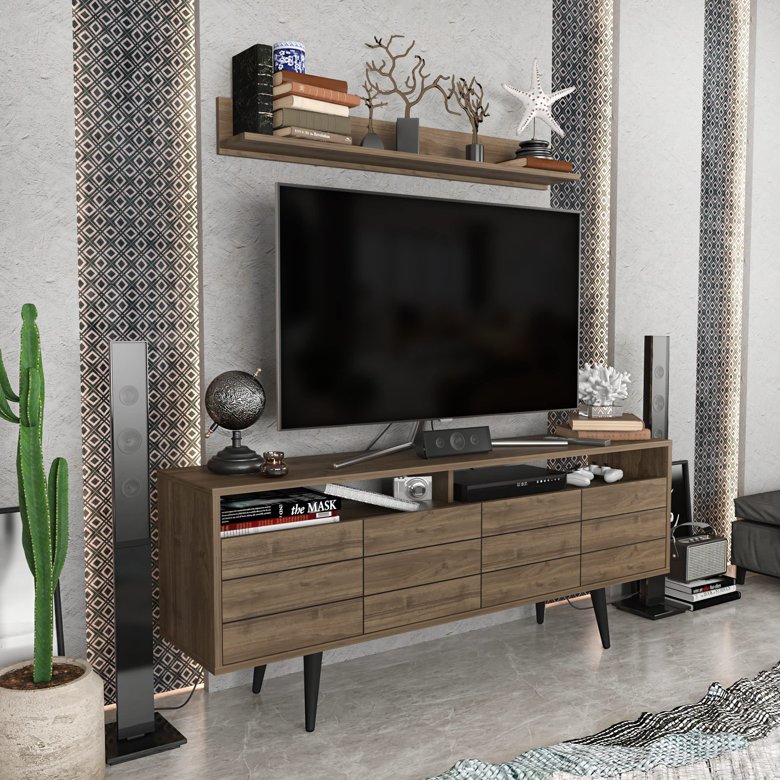 Decorotika Ola 72 Inch TV Stand with Wall Shelf - Modern Walnut Entertainment Center with 2 Storage Shelves & 2 Cabinets - Perfect for Living Room, Home Theater & Apartment Decor