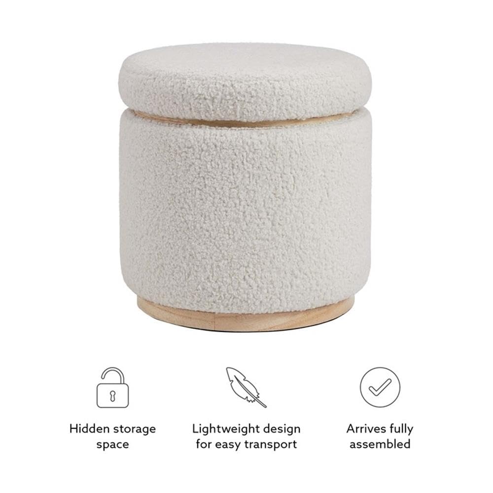 Linon Hawn Round Padded Storage Ottoman with Light Wood Trim - Natural Sherpa Fabric Upholstered Footrest Stool for Living Room, Bedroom & Home Decor
