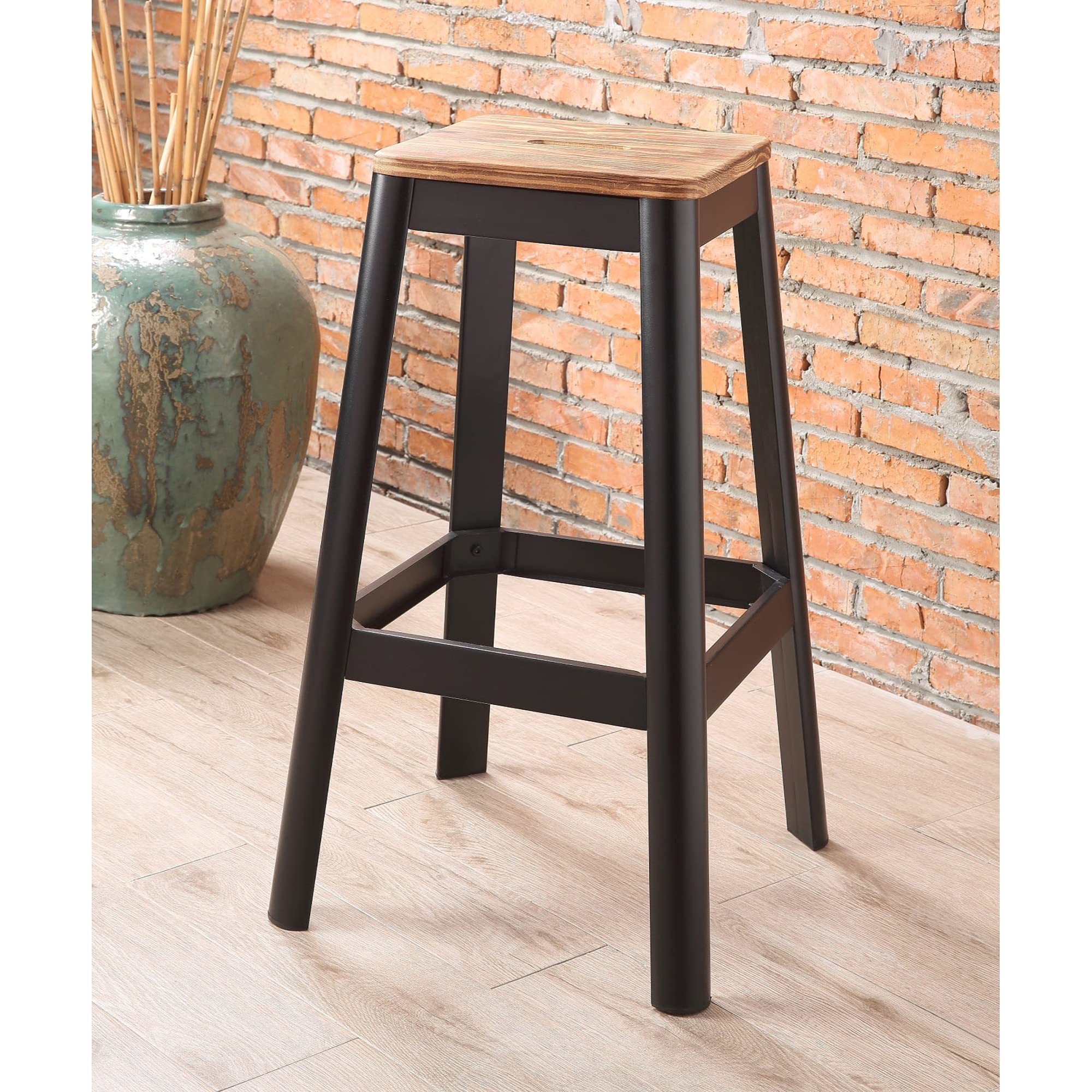Ergonomic Bar Stool with Natural Wood Finish & Black Metal Frame - 1 Piece Counter Height Stool for Kitchen Island, Breakfast Nook & Home Bar Decor