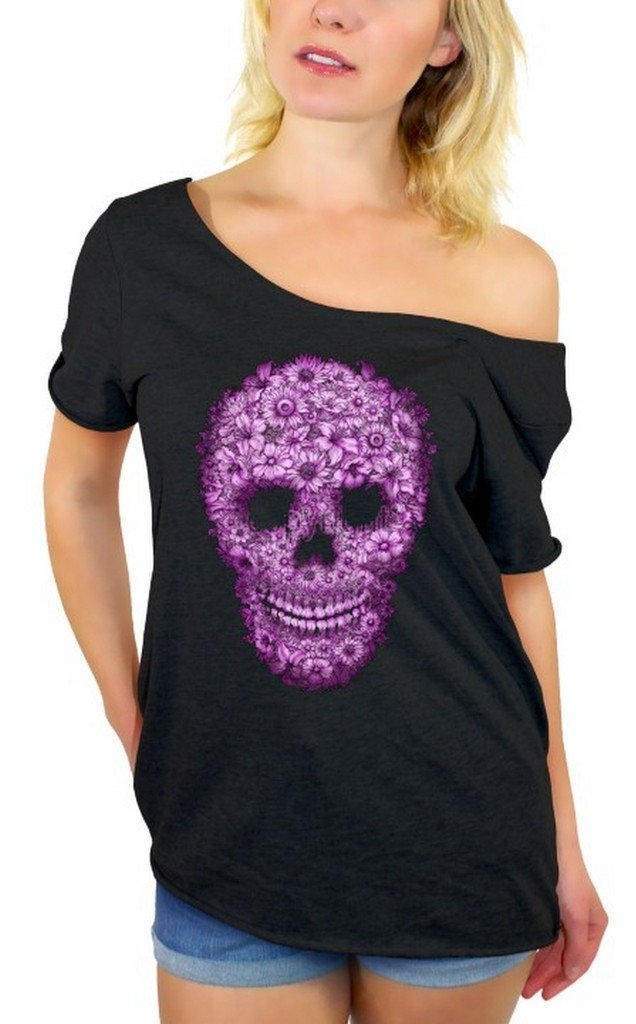 Stylish Sugar Skull Purple Flower Off Shoulder T-Shirt for Women | Trendy Gothic Fashion Top | Perfect for Halloween, Day of the Dead & Casual Wear