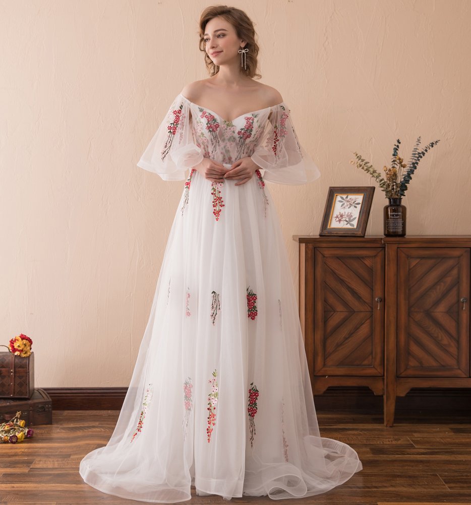 Elegant Off Shoulder Embroidered Wedding Dress for Women - US Size 20W White - Flouncing Sleeve Evening Gown for Bridal, Prom, Formal Events & Special Occasions - Perfect for Beach Weddings, Anniversary Dinners and Red Carpet Events
