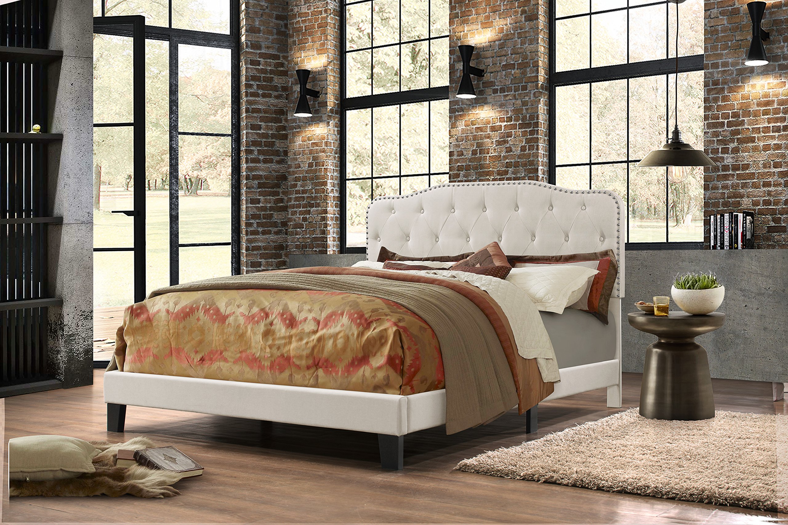 Premium Upholstered Panel Bed with High-Quality Fabric - Fog Beige Queen Size Bed Frame for Master Bedroom, Guest Room & Cozy Home Decor