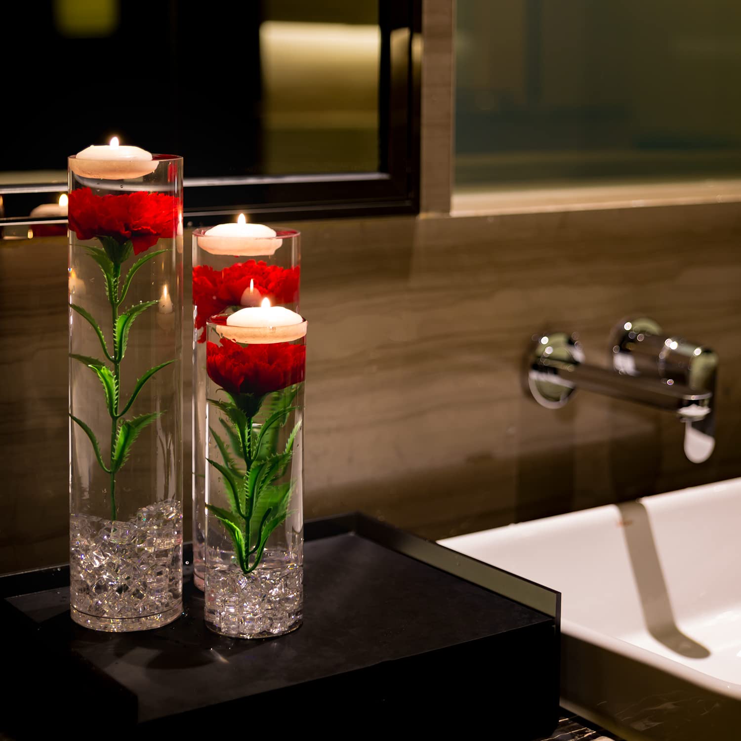 Artificial Silk Dianthus Flowers with Soy Wax Candles, Water Beads & Fake Ice Cubes - Wedding Centerpiece, Party Decor, Home Bar, Restaurant Table Setting, Festival Decoration (Red) - Perfect for Romantic Dinners, Bridal Showers & Holiday Celebrations