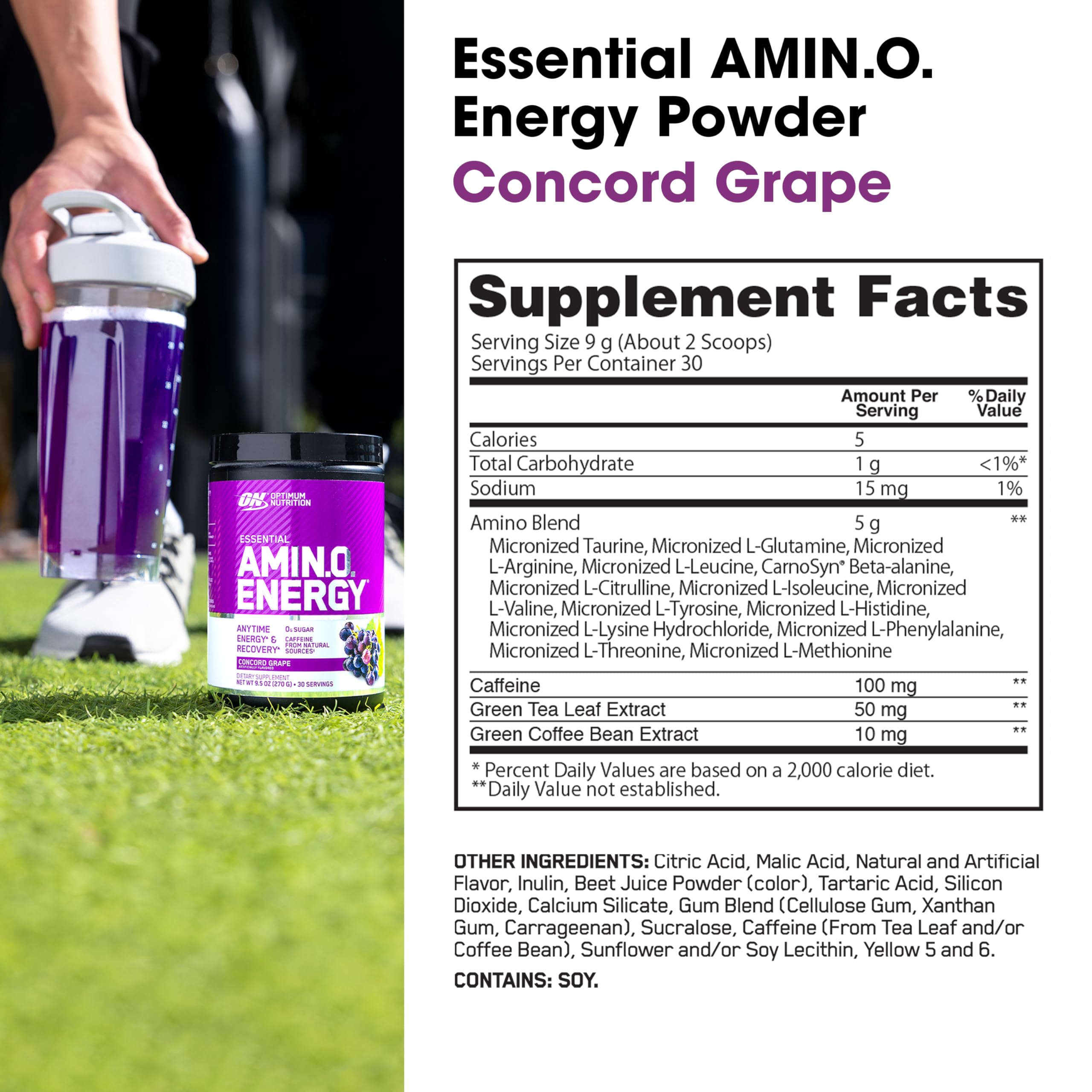 Optimum Nutrition Amino Energy Pre Workout Powder - Green Tea, BCAA, Amino Acids, Keto Friendly with Green Coffee Extract - Concord Grape Flavor, 30 Servings | Boost Energy & Performance for Gym, Running & Fitness Training