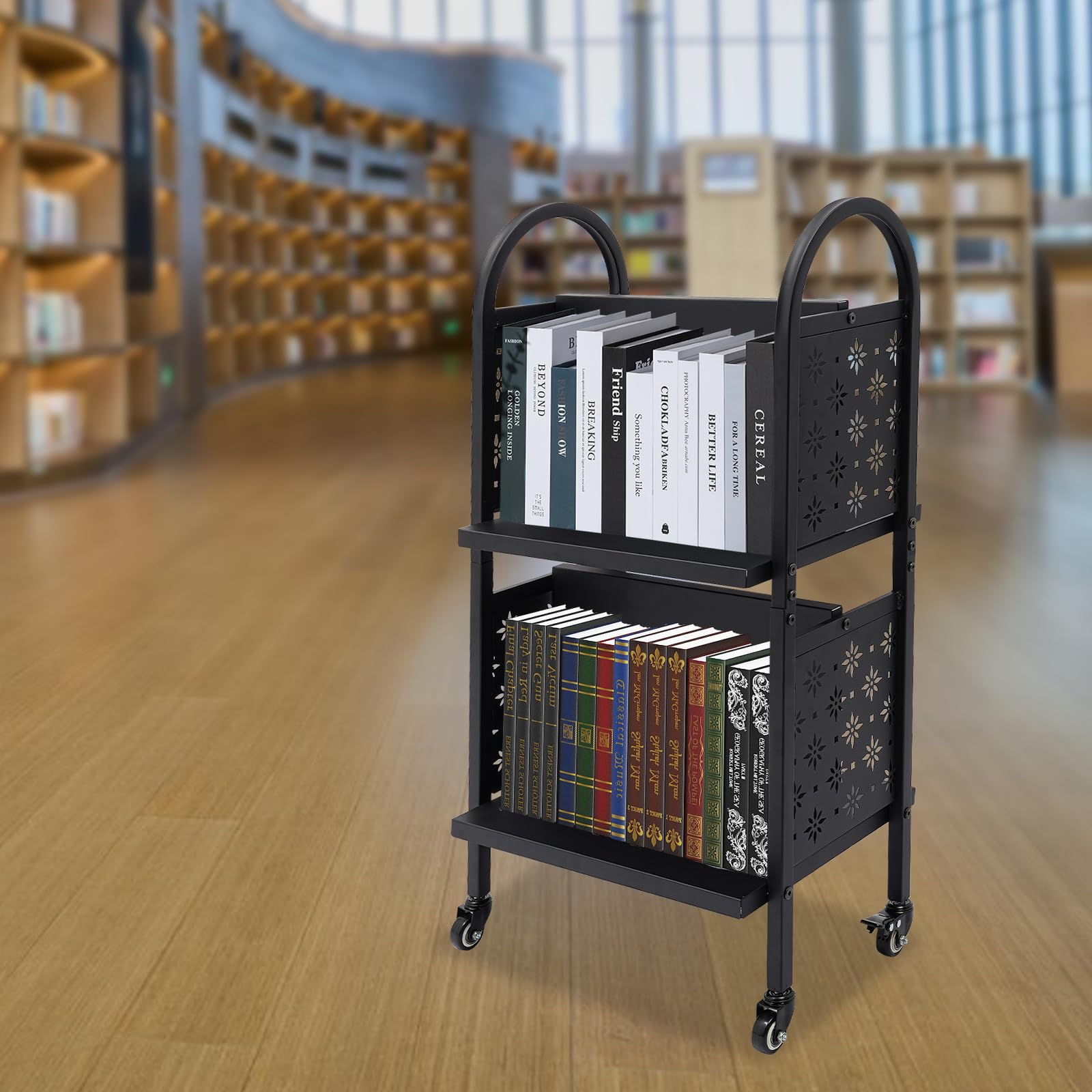 2-Tier Rolling Library Book Cart with Wheels - Heavy Duty Mobile Book Cart for Libraries, Schools, Offices & Conference Rooms - Perfect for Book Storage, Classroom Organization & Office Supplies Transport (Black)