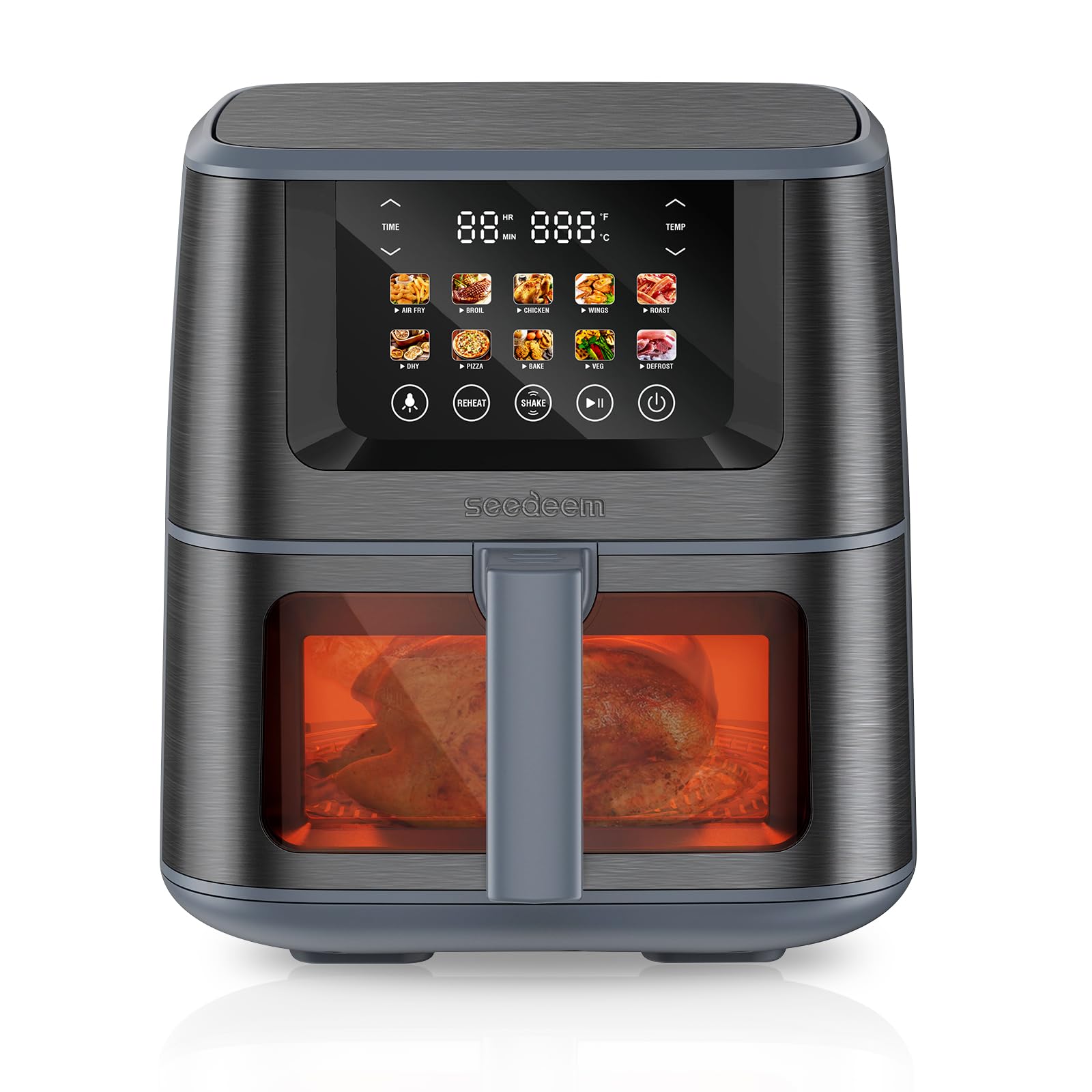 SEEDEEM Max XL 8-Quart Air Fryer Toaster Oven Combo - 10-in-1 Multi-Function Countertop Convection Oven with LCD Touchscreen, ClearCook Window for Baking, Roasting, Broiling, Dehydrating (Gray) - Perfect for Family Cooking, Healthy Meals & Party Snacks