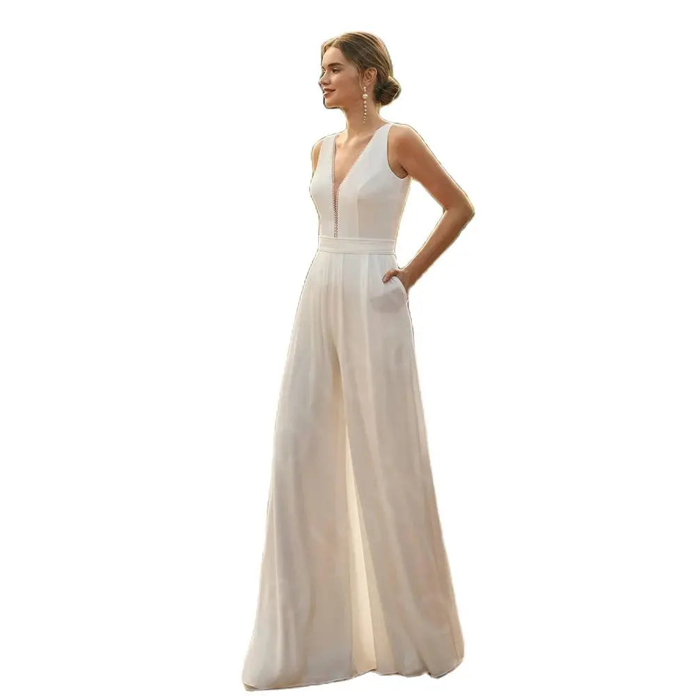Elegant White V-Neck Two-Piece Wedding Dress with Half Sleeves - Boho Chic Jumpsuit for Beach, Garden & Outdoor Ceremonies