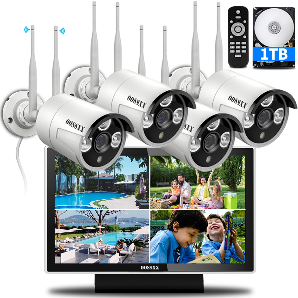 All-in-One Wireless Outdoor Security Camera System with 2 Antennas & 3.0MP HD Monitor - WiFi Home Surveillance for 24/7 Protection - Perfect for Backyard, Front Door, and Business Security Monitoring