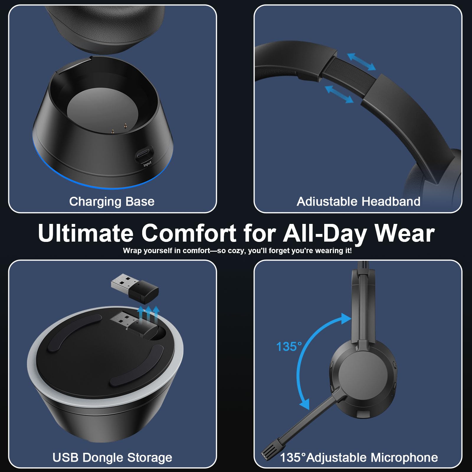 Wireless Bluetooth Headset with Noise Cancelling Mic - USB Dongle & Charging Dock for PC, Laptop, Teams, Zoom - Perfect for Call Center, Home Office & Remote Work