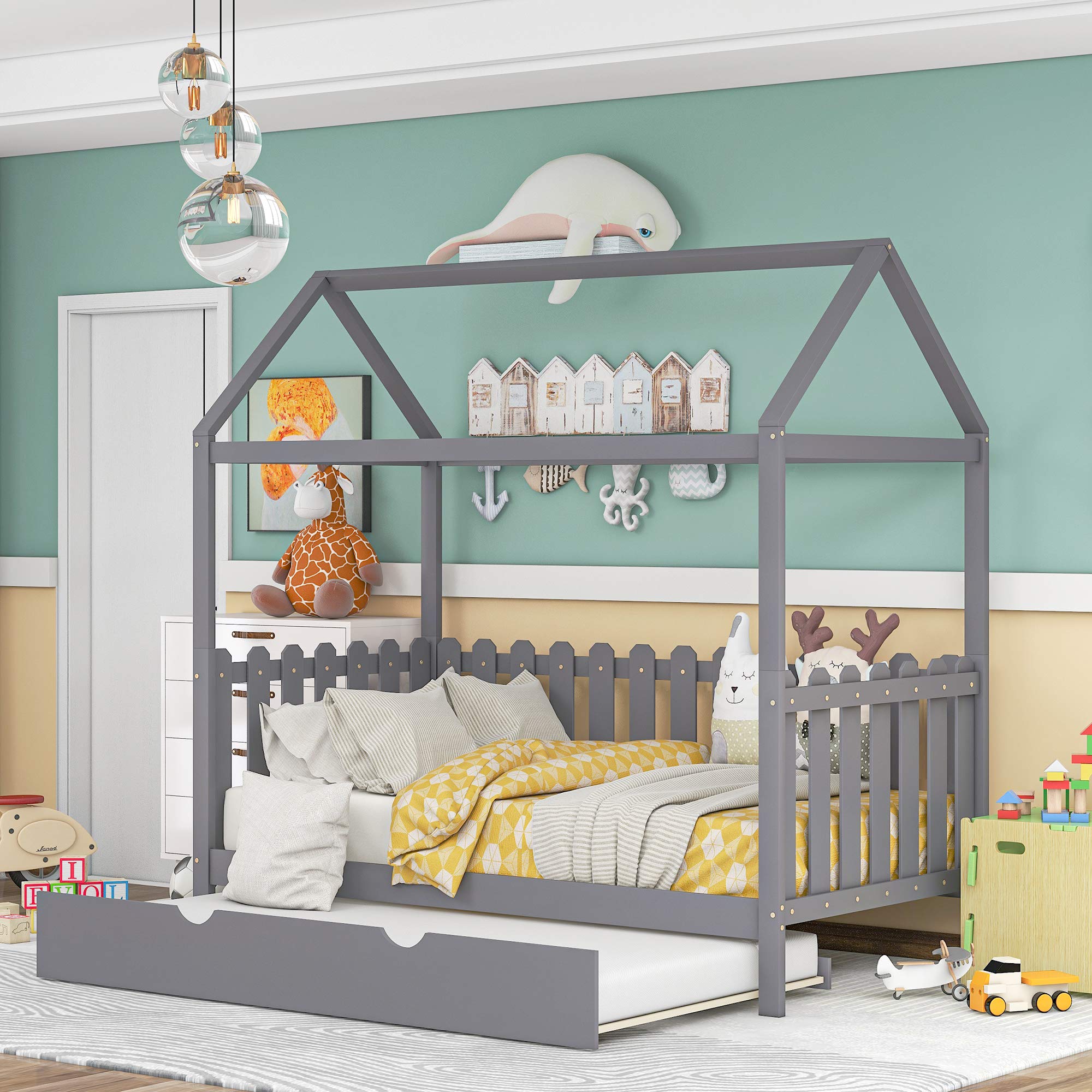 MERITLINE Wood Daybed with Trundle - Twin Size House-Shaped Kids Bed, No Box Spring Required | Perfect for Sleepovers, Guest Rooms & Children's Bedrooms