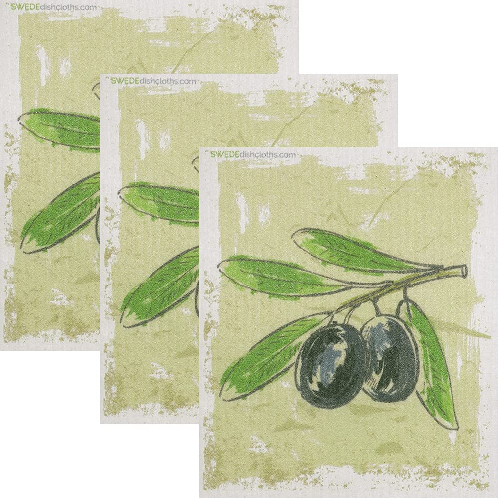 Eco-Friendly Swedish Dish Cloths Set of 3 - Reusable Cellulose Sponge Towels for Kitchen Cleaning | Olive Branch Design | Perfect for Dishes, Countertops & Eco-Conscious Homes