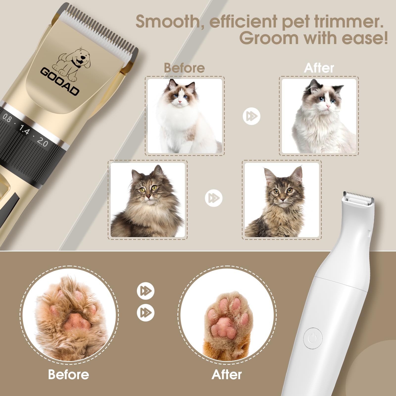 Cordless Cat Hair Trimmer & Grooming Kit - Quiet Pet Clippers for Matted & Long Hair, Includes Nail Grinder for Cats & Small Dogs - Perfect for Home Grooming & Professional Pet Care