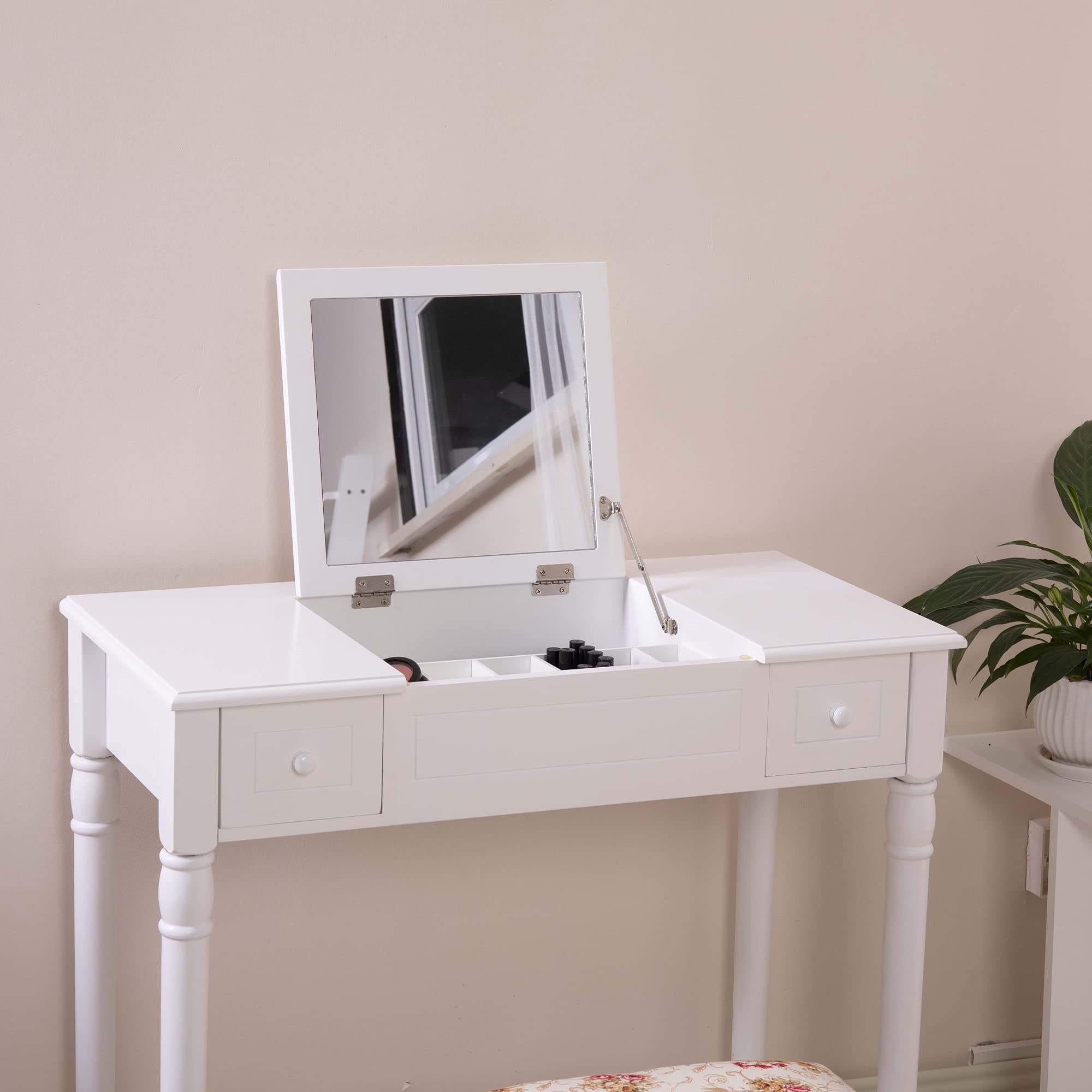 White Wooden Vanity Makeup Table with Flip Top Mirror - Dressing Desk, Writing Desk & Computer Table for Bedroom, Home Office & Beauty Salon