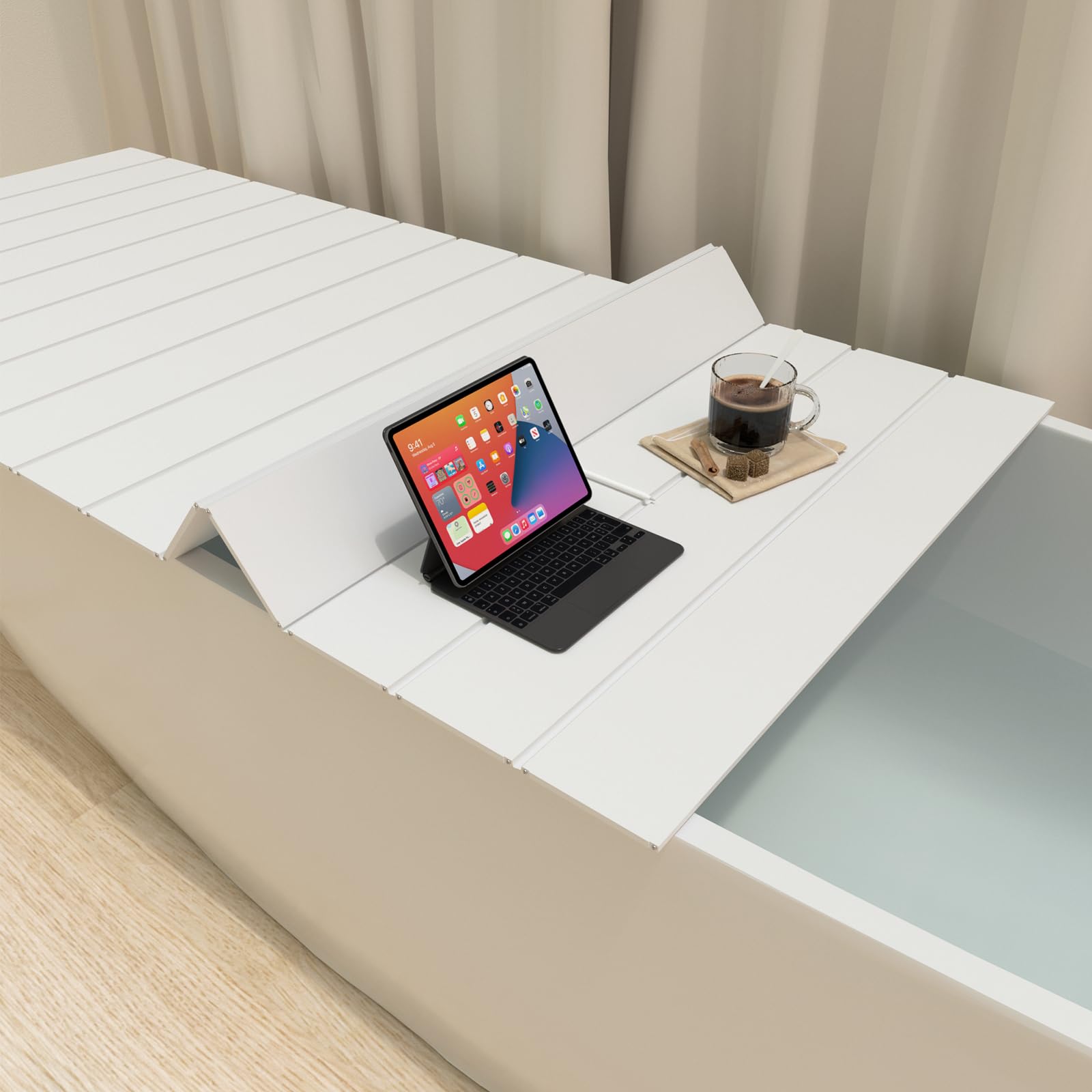 Foldable Bathtub Tray with Anti-Dust Cover - PVC Shutter Bath Lid for Most Tubs, Holds Wine Glasses, Books, Tablets & Phones - Perfect for Relaxing Baths, Reading & Wine Time