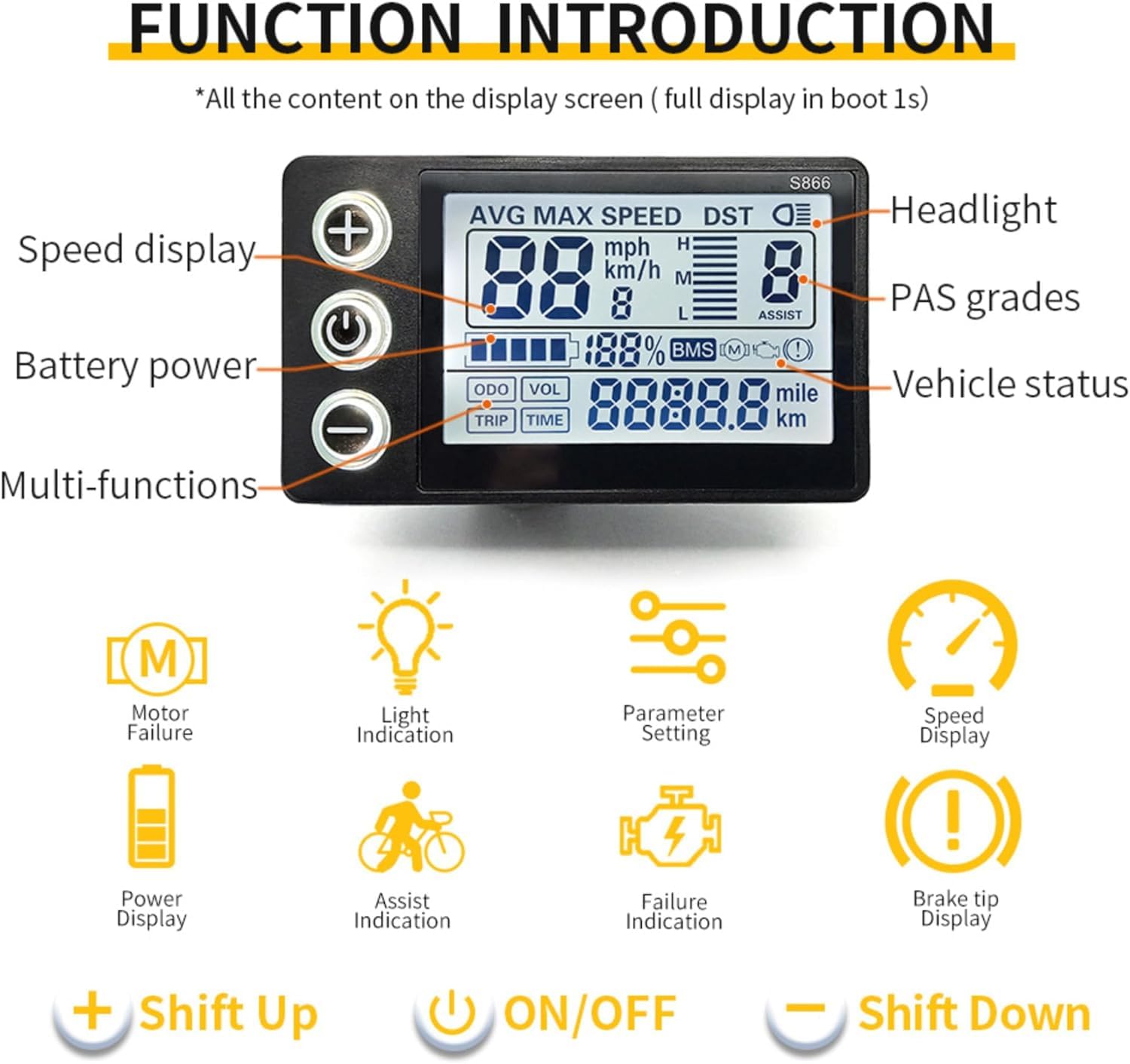**S866 Universal E-Bike LCD Display Meter - 24V 36V 48V 60V Waterproof Control Panel for Electric Bikes & Scooters - 6 Pin 22.2mm Screen for Commuting, Off-Road & Urban Riding**