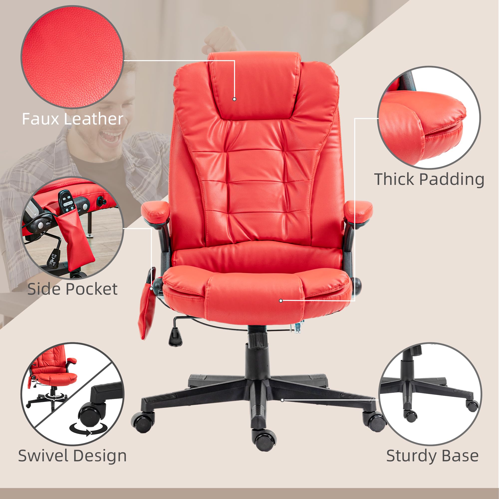 HOMCOM High Back Vibration Massage Office Chair with 6 Vibration Points & Heating - PU Leather Reclining Computer Chair with Adjustable Armrests & Remote Control (Red) - Perfect for Home Office, Gaming & Relaxation