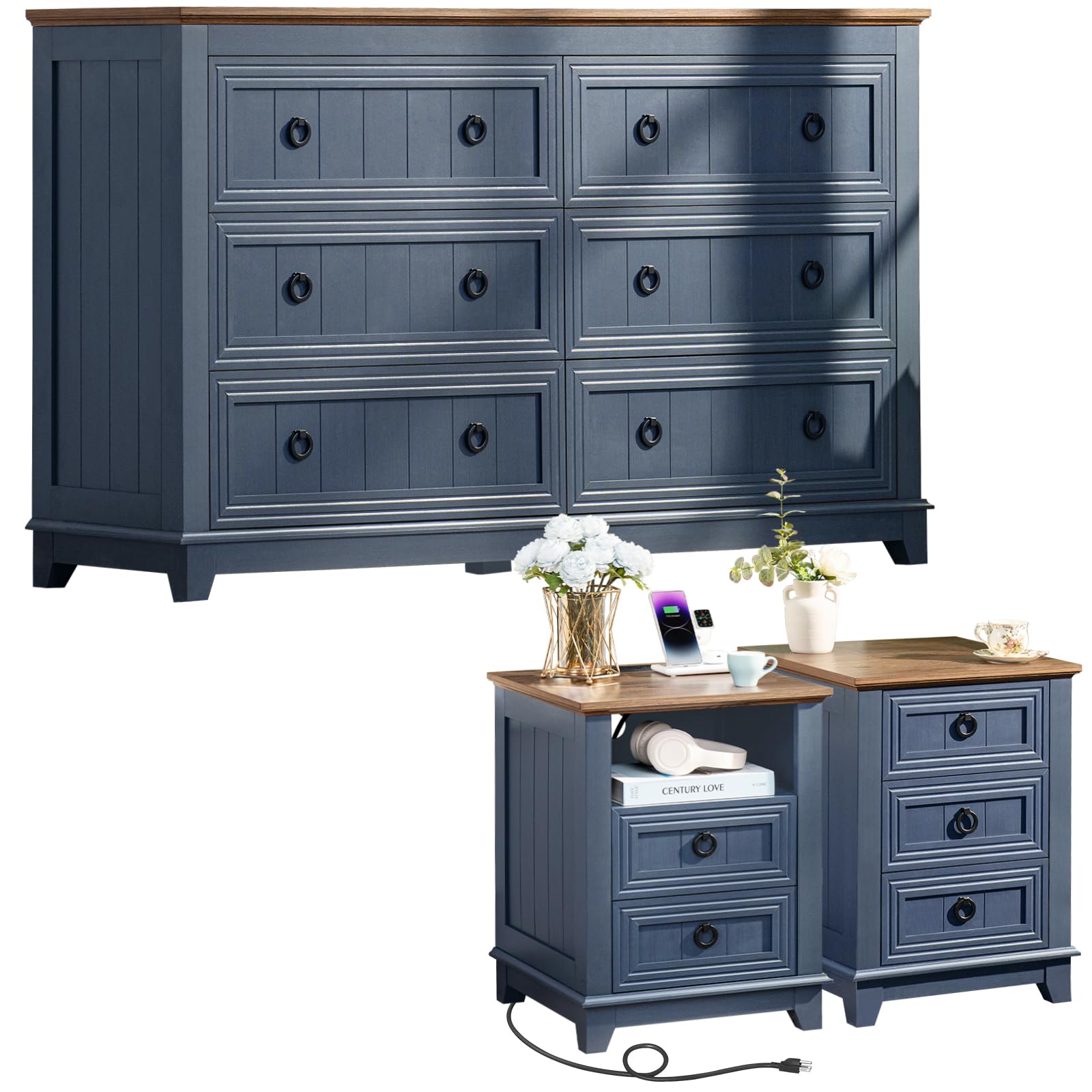 Farmhouse Style Nightstand Set of 2 with Charging Station & 6-Drawer Wood Dresser - 54