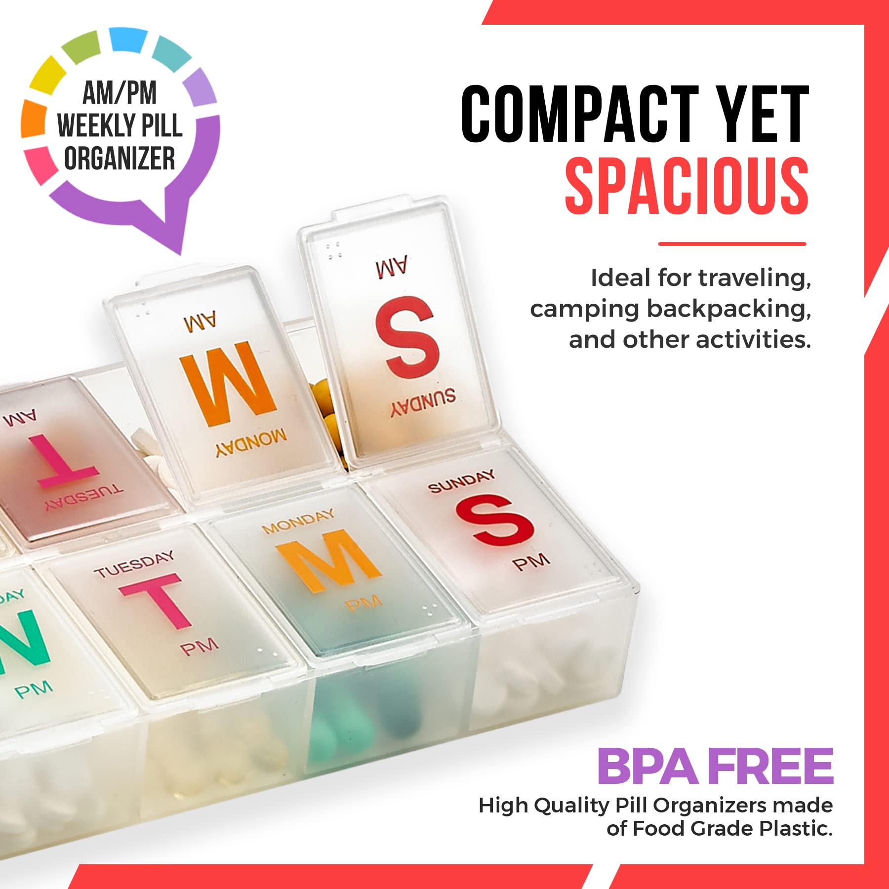 Large Weekly Pill Organizer (2 Pack) - AM/PM XL 7-Day Pill Box with Braille - Easy to Read Daily Medication & Vitamin Organizer for Pills, Supplements - Perfect for Travel, Elderly Care & Health Management