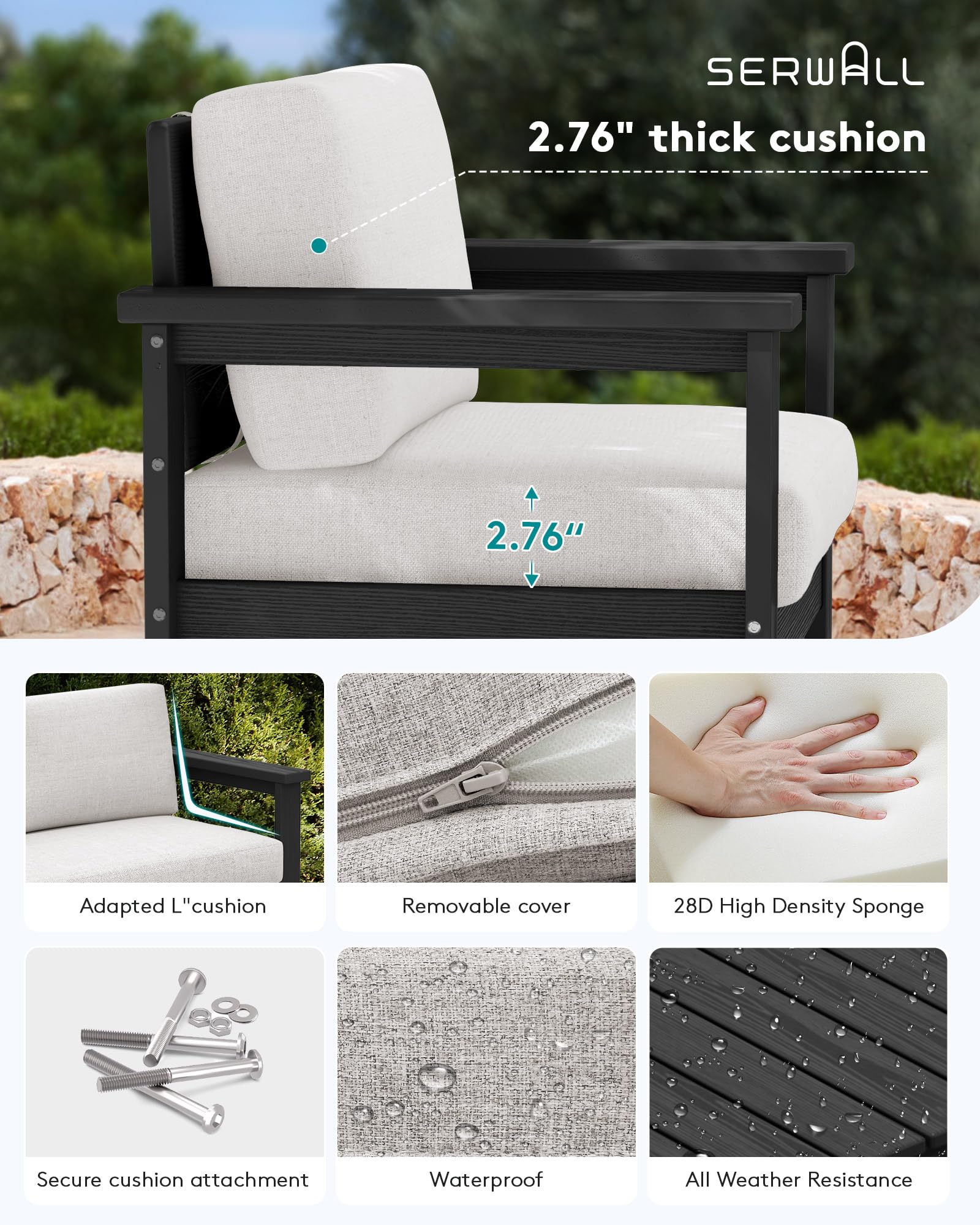 SERWALL 4-Piece Outdoor Patio Furniture Set - All-Weather HDPE Loveseat Sofa with Cushions & Coffee Table, Black Frame & Khaki Cushions for Garden, Deck, Backyard or Poolside Relaxation