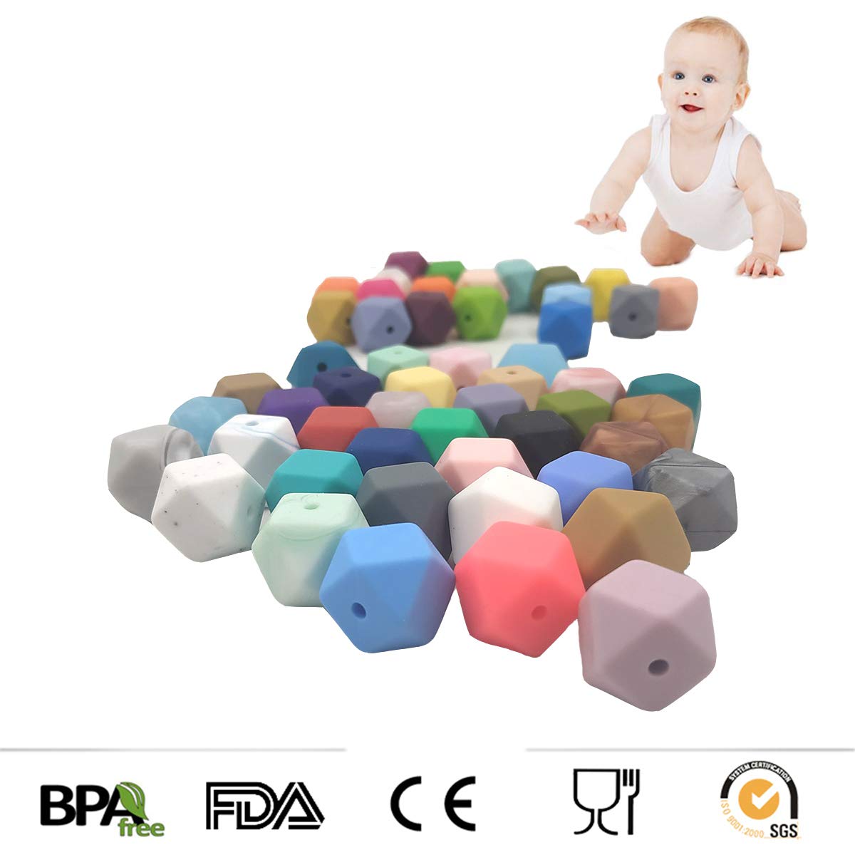 14mm Silicone Hexagonal Beads for DIY Jewelry & Keychains - 50pcs Bulk Craft Beads for Women