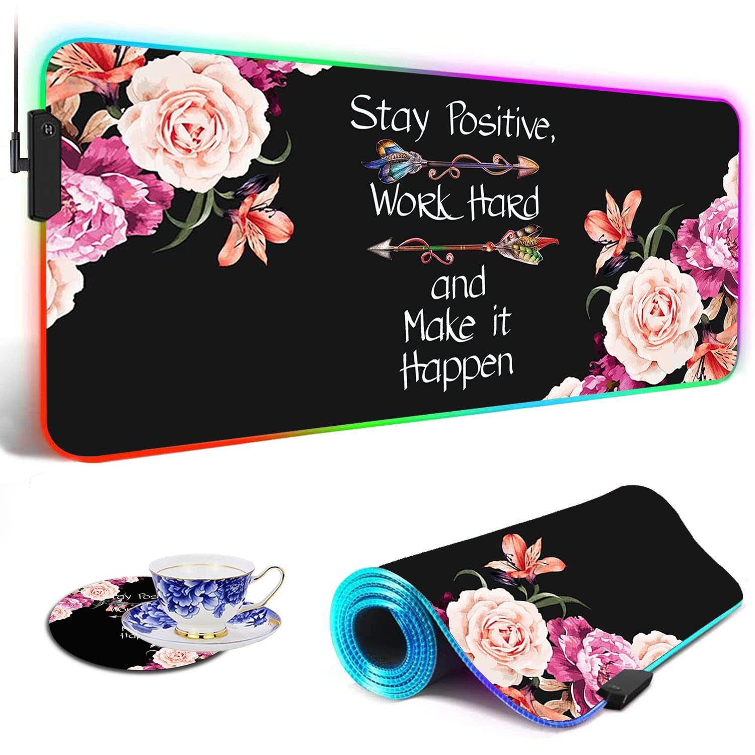 RGB Gaming Mouse Pad with LED Lights - Large Non-Slip Desk Mat for Keyboard & Mouse - Flower Peony Design 