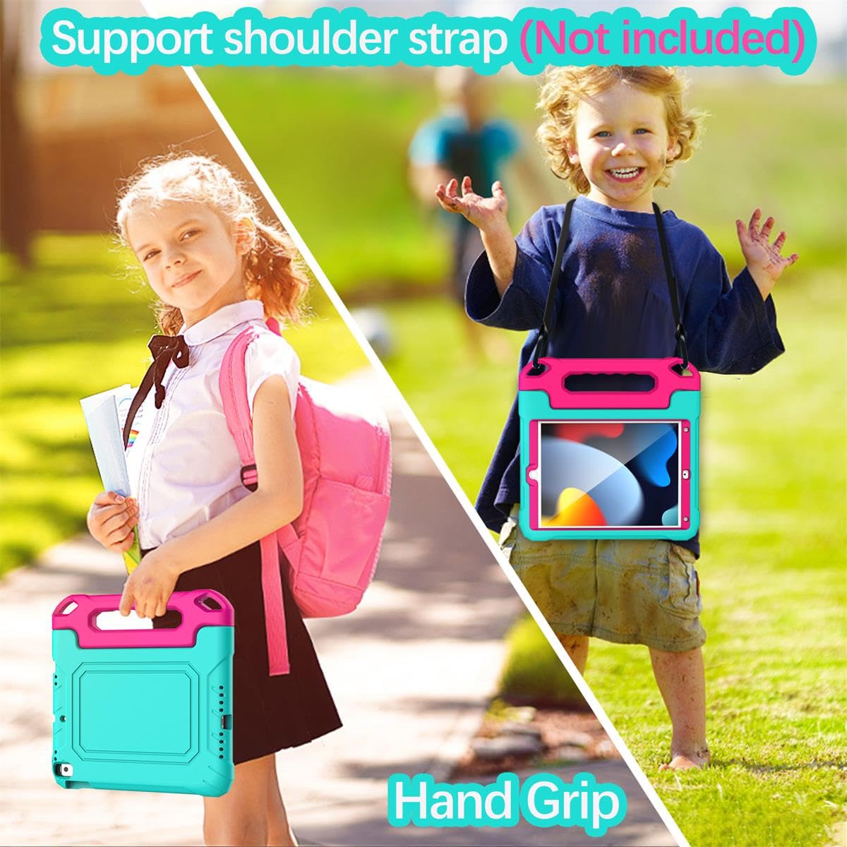 YIHE Shockproof Kids iPad Case for 10.2 Inch (9th/8th/7th Gen 2021/2020/2019), iPad Pro 10.5 & iPad Air 3 - Durable Handle Stand Protective Cover with Screen Protector (Cyan & Pink) - Perfect for School, Travel & Home Learning
