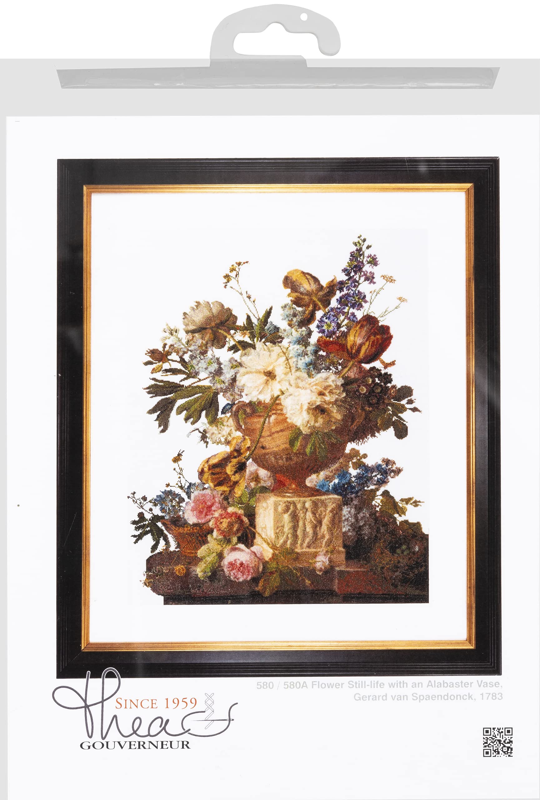 Thea Gouverneur Counted Cross Stitch Kit - Flower Still-Life with Alabaster Vase - 18 Count Aida Fabric - Includes DMC Embroidery Threads & Supplies - Perfect for Adults & Home Decor DIY Projects