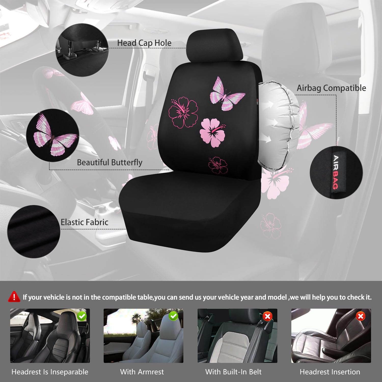 Universal Cloth Butterfly Car Seat Covers Full Set - Waterproof Embroidered Flower Car Floor Mats & Steering Wheel Cover - Black and Pink Interior Accessories for Sedan, SUV, Minivan | Perfect for Daily Commute, Road Trips & Car Protection