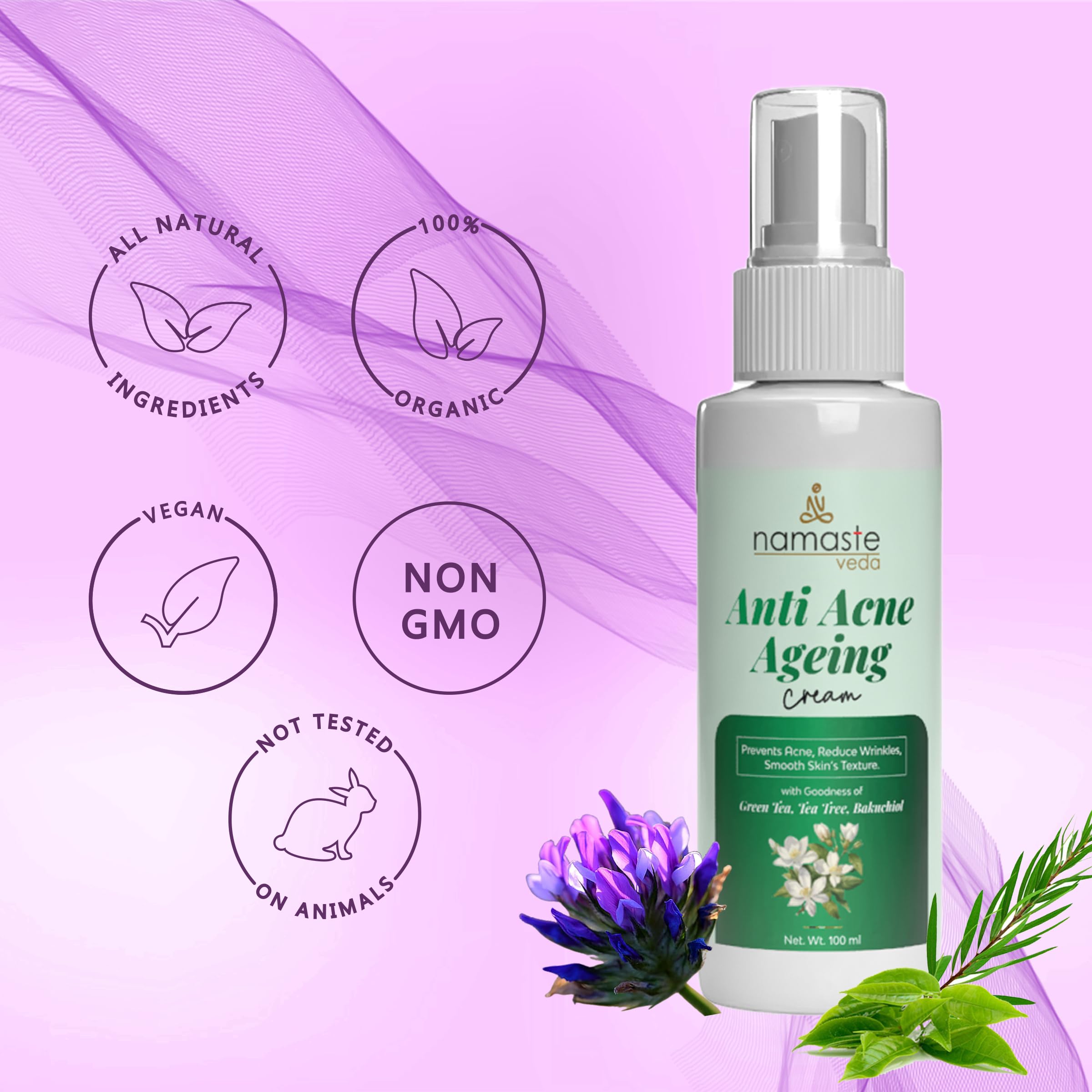 Oil-Free Anti-Acne Face Cream with Green Tea, Vitamin A, Tea Tree & Bakuchiol - Pimple Treatment, Dark Spot Corrector & Anti-Aging Solution for Acne Marks & Fine Lines (100ml) | Perfect for Daily Skincare Routine & Post-Breakout Recovery