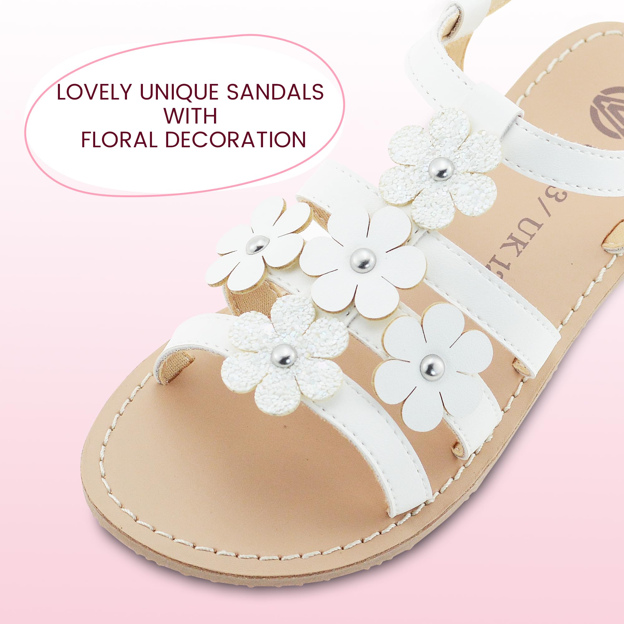 Girls Summer Sandals - Kids Flat Strap Sandals with Flower Design, Open Toe Casual Shoes for Beach, Park & Outdoor Play
