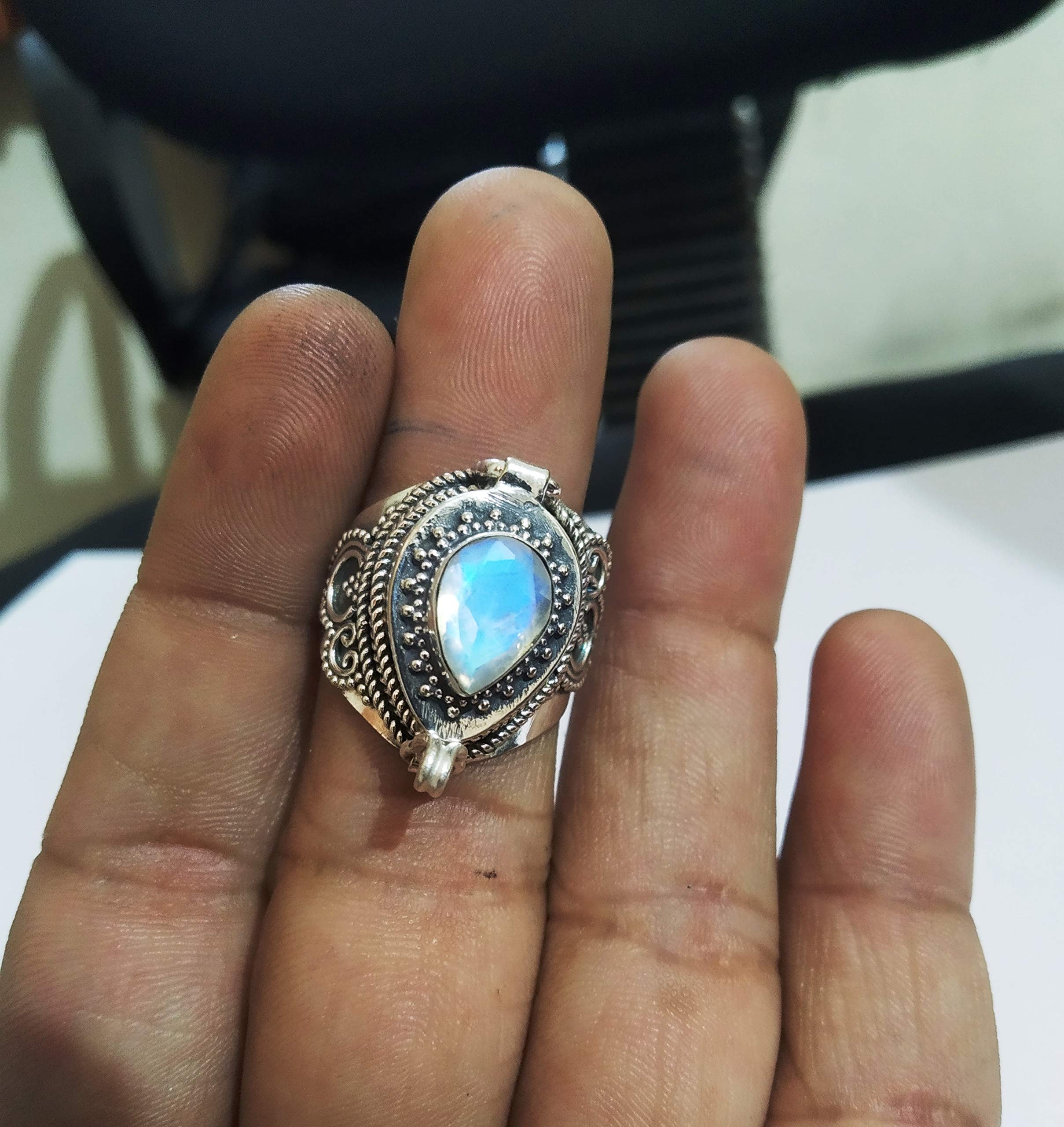 Rainbow Moonstone Poison Ring - 925 Sterling Silver Handmade Secret Box Ring with Labradorite | Adjustable Size 7.5 | Unique Mother's Day Gift, Witchy Jewelry & Gothic Fashion Accessory | Perfect for Cosplay, LARP, and Alternative Style Outfits